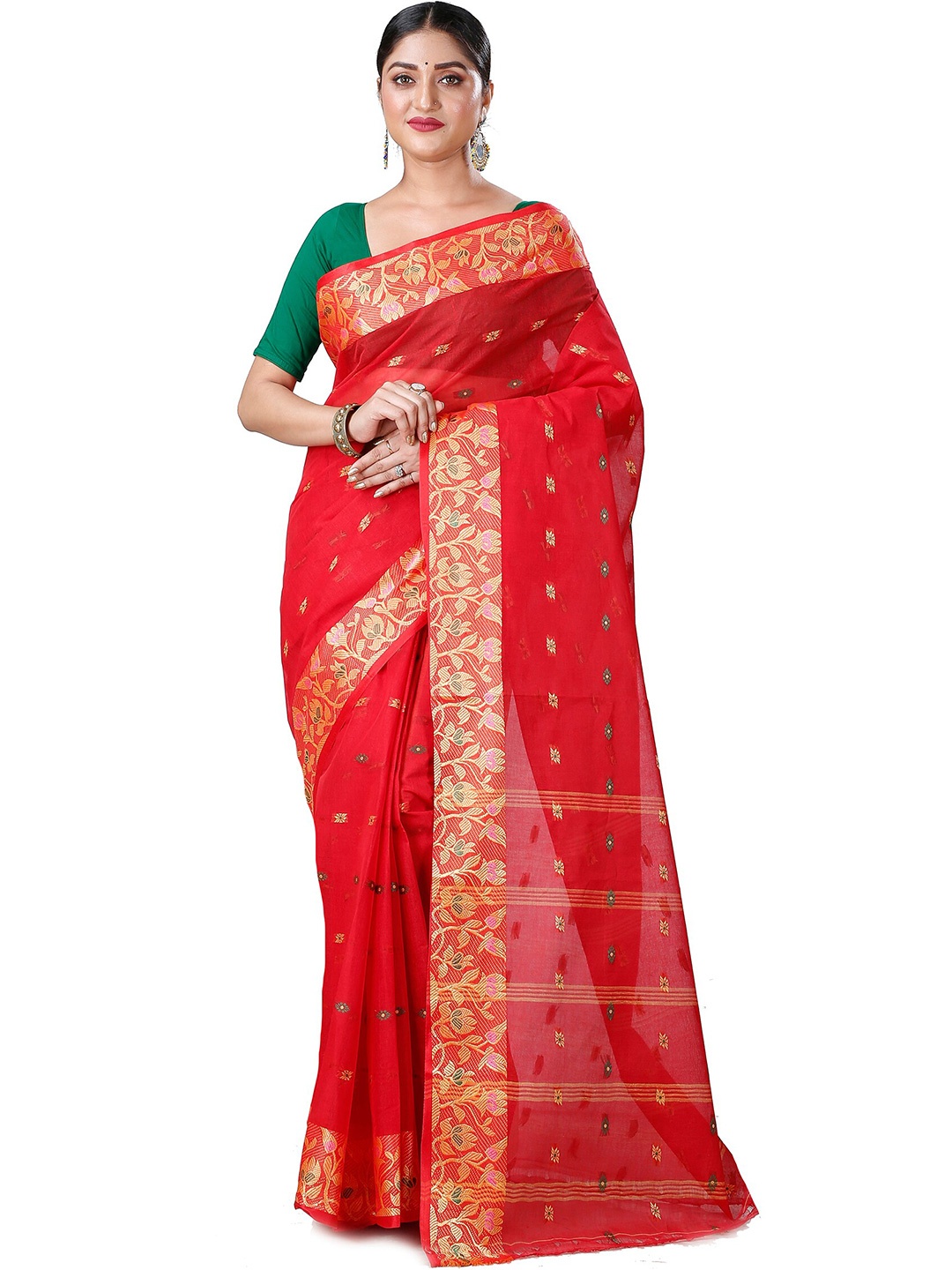 

DipDiya Ethnic Motifs Woven Design Zari Pure Cotton Taant Saree, Red