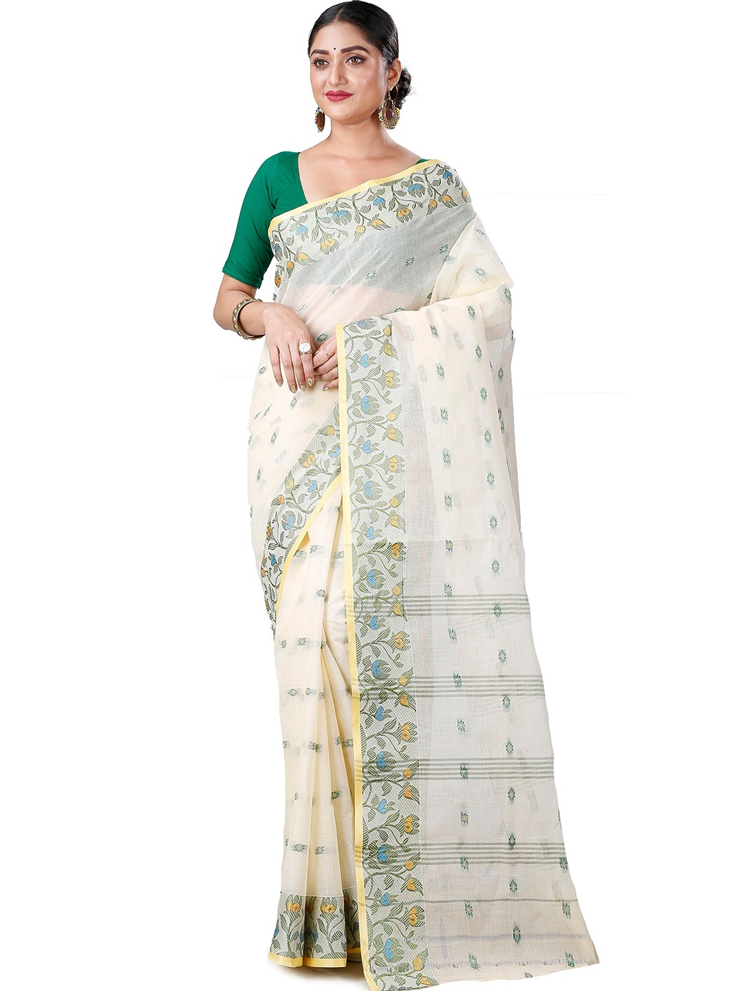 

DipDiya Ethnic Motifs Woven Design Pure Cotton Taant Saree, White