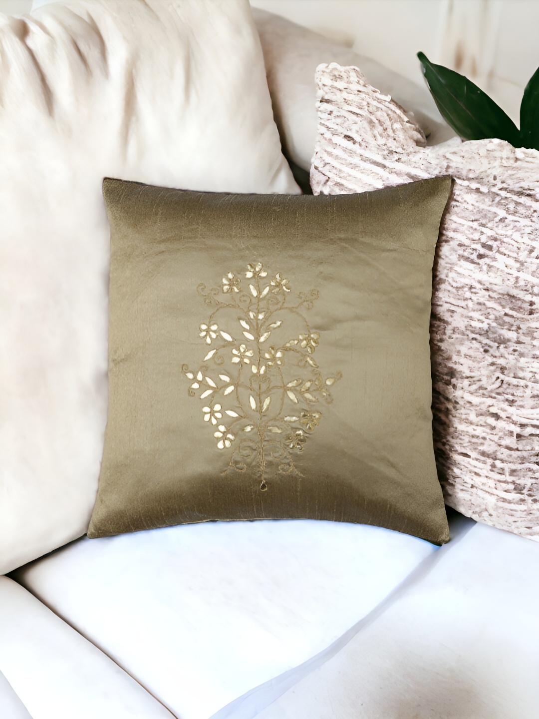 

THE COCOTIER Gold Toned Floral Square Shaped Cushion Cover