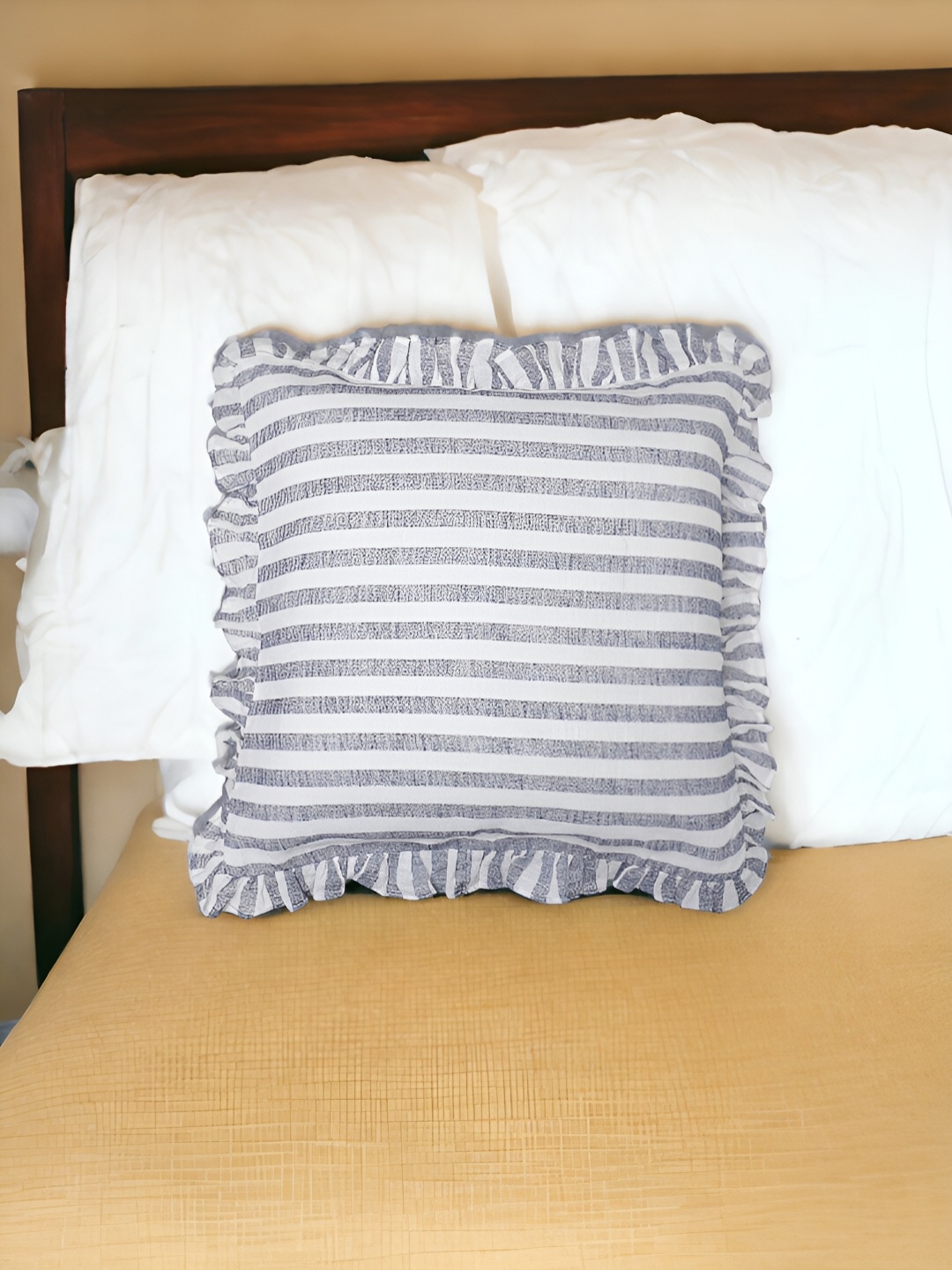 

THE COCOTIER White & Grey Striped Linen Square Shaped Cushion Cover