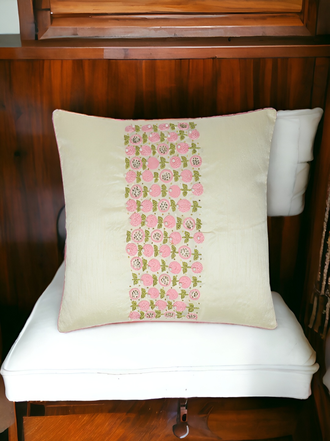 

THE COCOTIER White & Pink Floral Square Shaped Cushion Cover