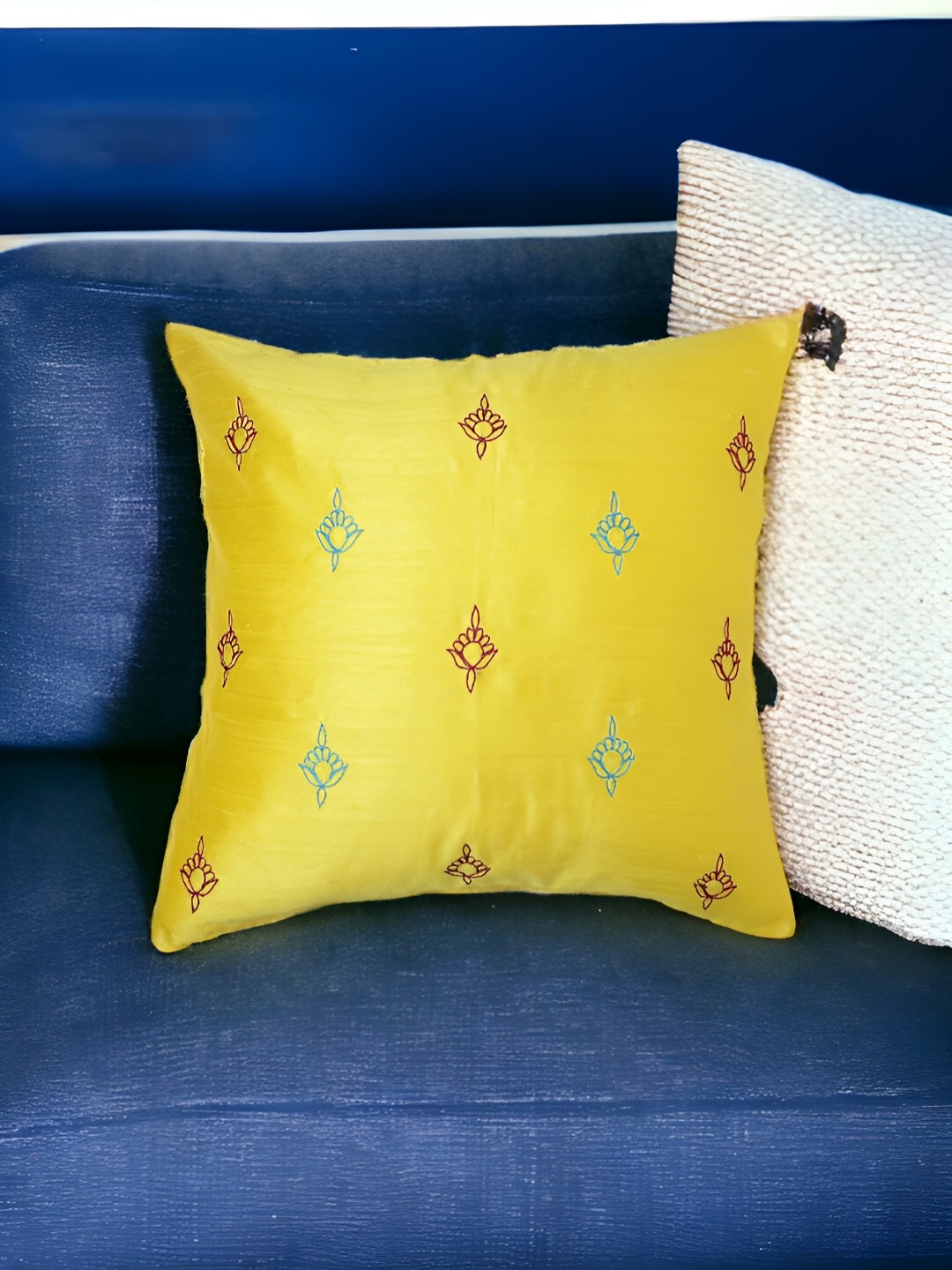 

THE COCOTIER Yellow & Blue Floral Square Shaped Cushion Cover