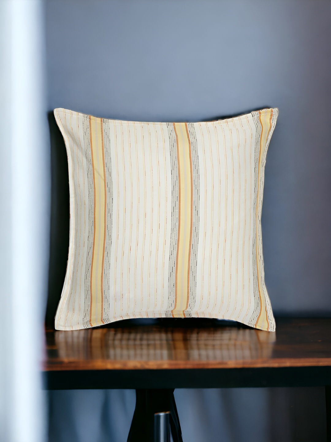

THE COCOTIER White & Yellow Striped Linen Square Shaped Cushion Cover
