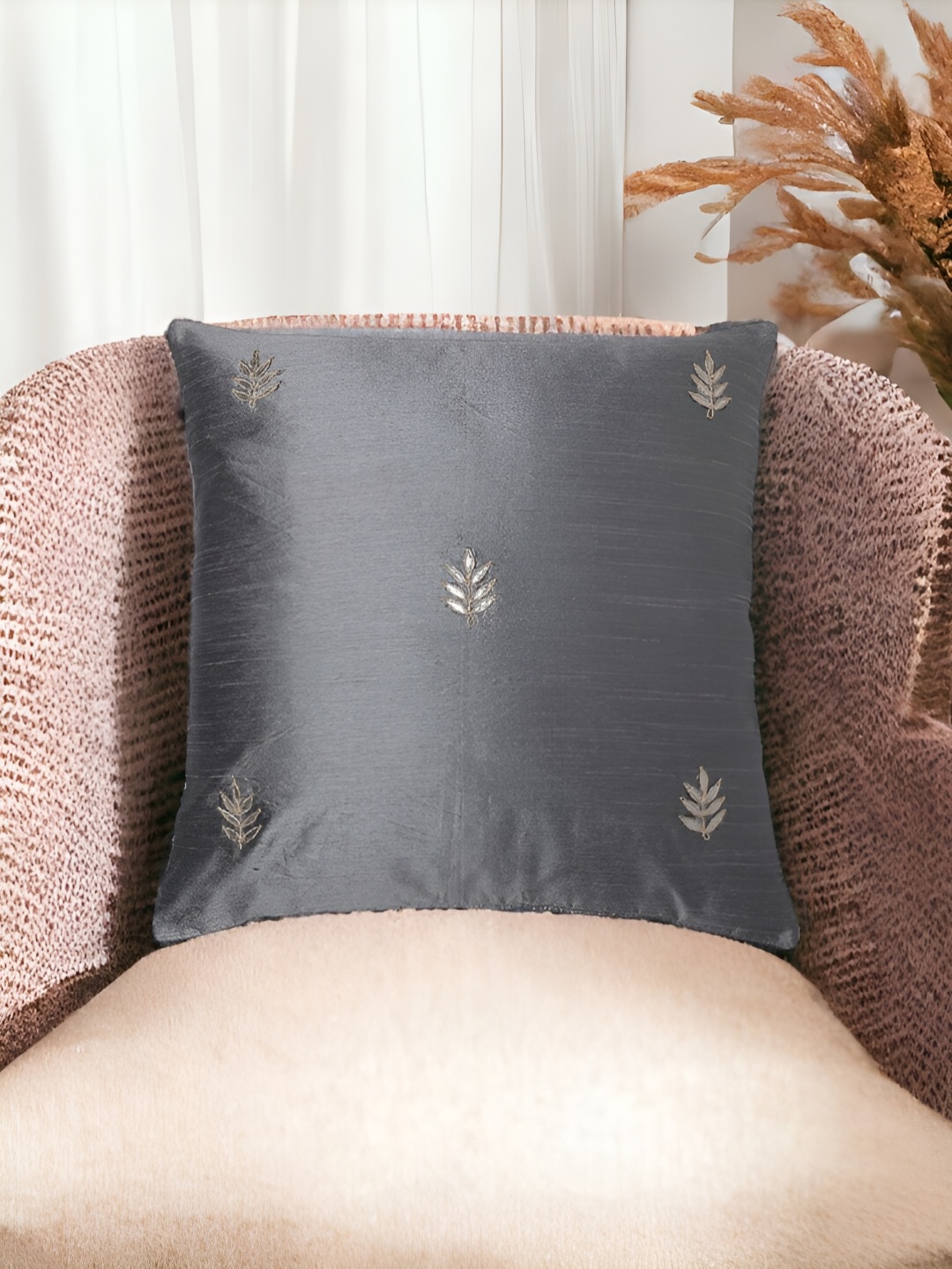 

THE COCOTIER Grey Floral Square Shaped Cushion Cover