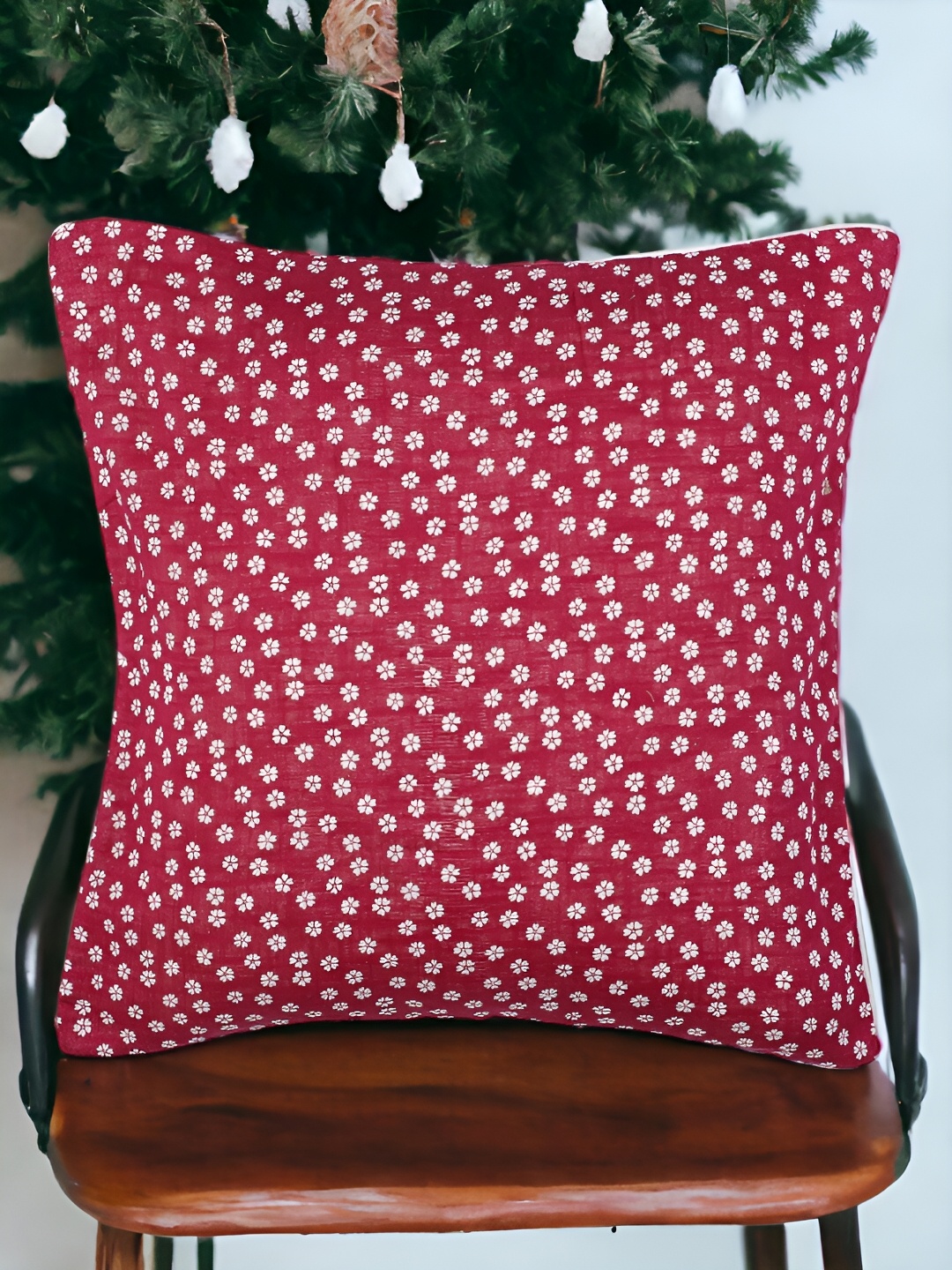 

THE COCOTIER Maroon & White Floral Linen Square Shaped Cushion Cover
