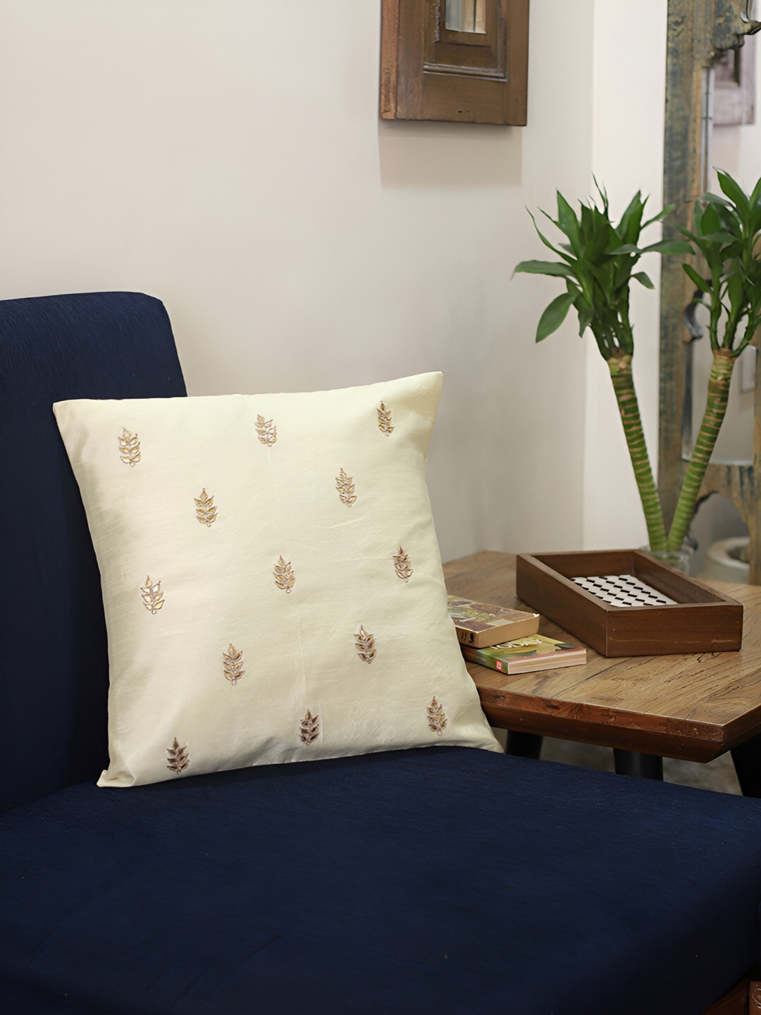 

THE COCOTIER White Ethnic Motifs Square Shaped Cushion Cover