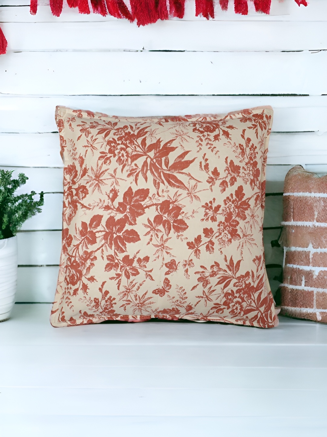 

THE COCOTIER Floral Linen Square Shaped Cushion Cover, Cream