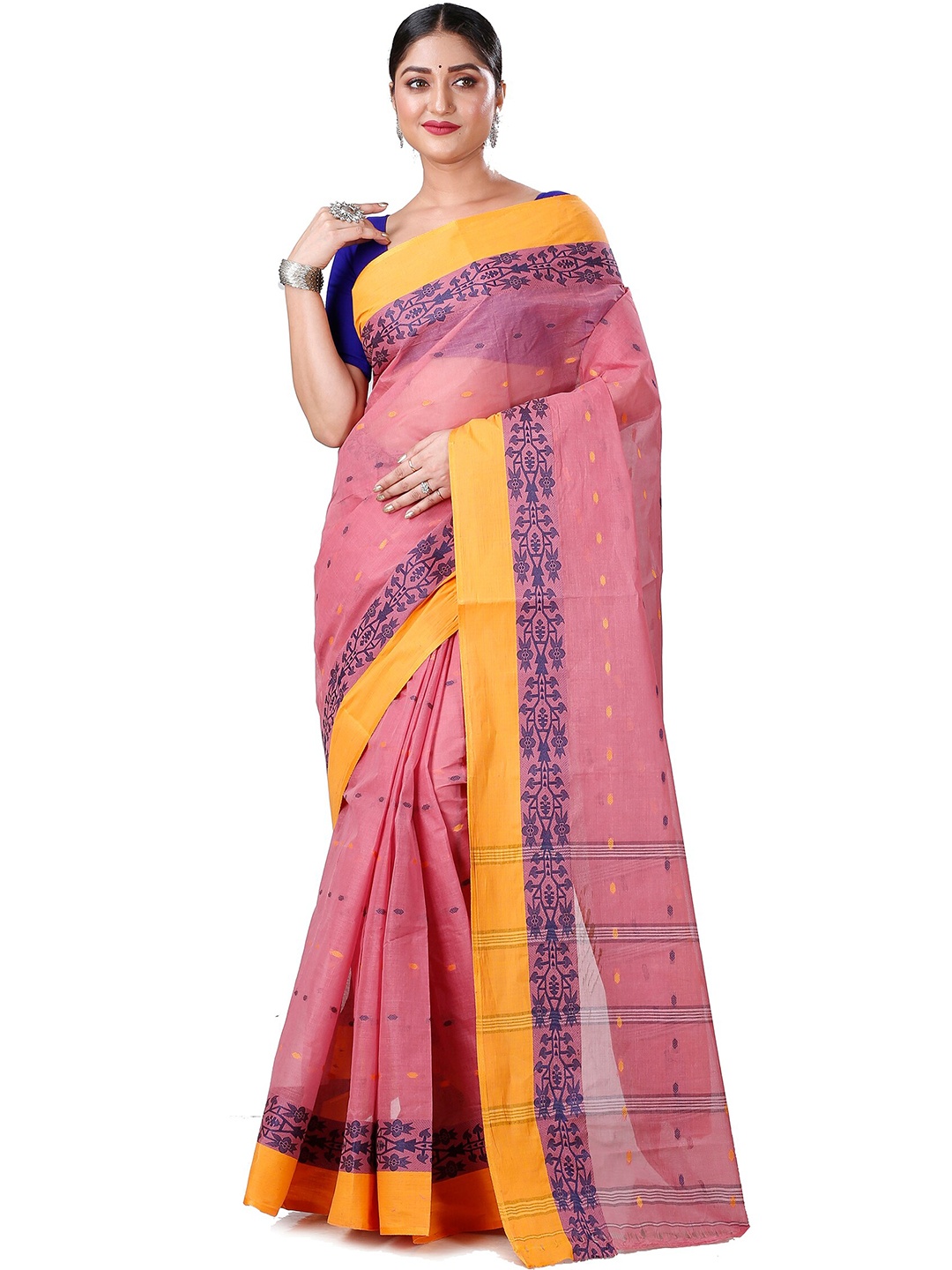 

DipDiya Ethnic Motifs Woven Design Pure Cotton Taant Saree, Peach