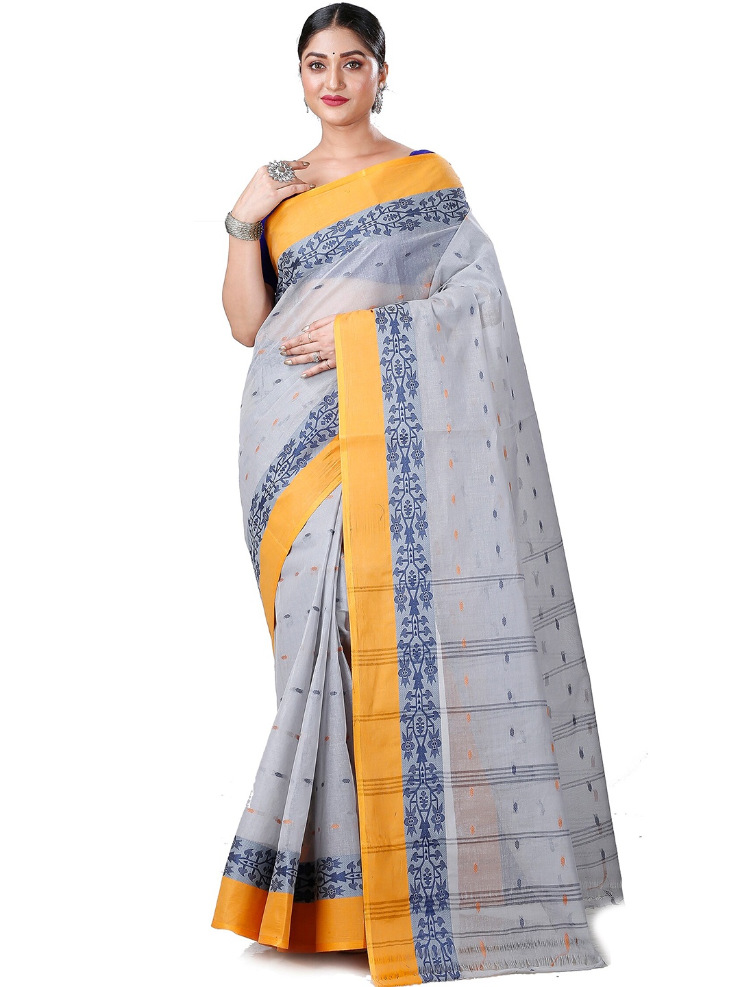 

DipDiya Ethnic Motifs Woven Design Pure Cotton Taant Saree, Grey