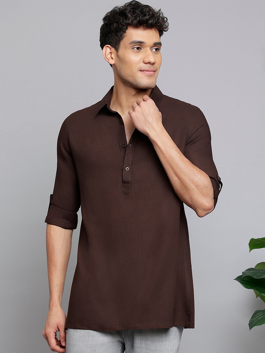 

Anouk Brown Shirt Collar Roll-Up Sleeves Straight Kurta