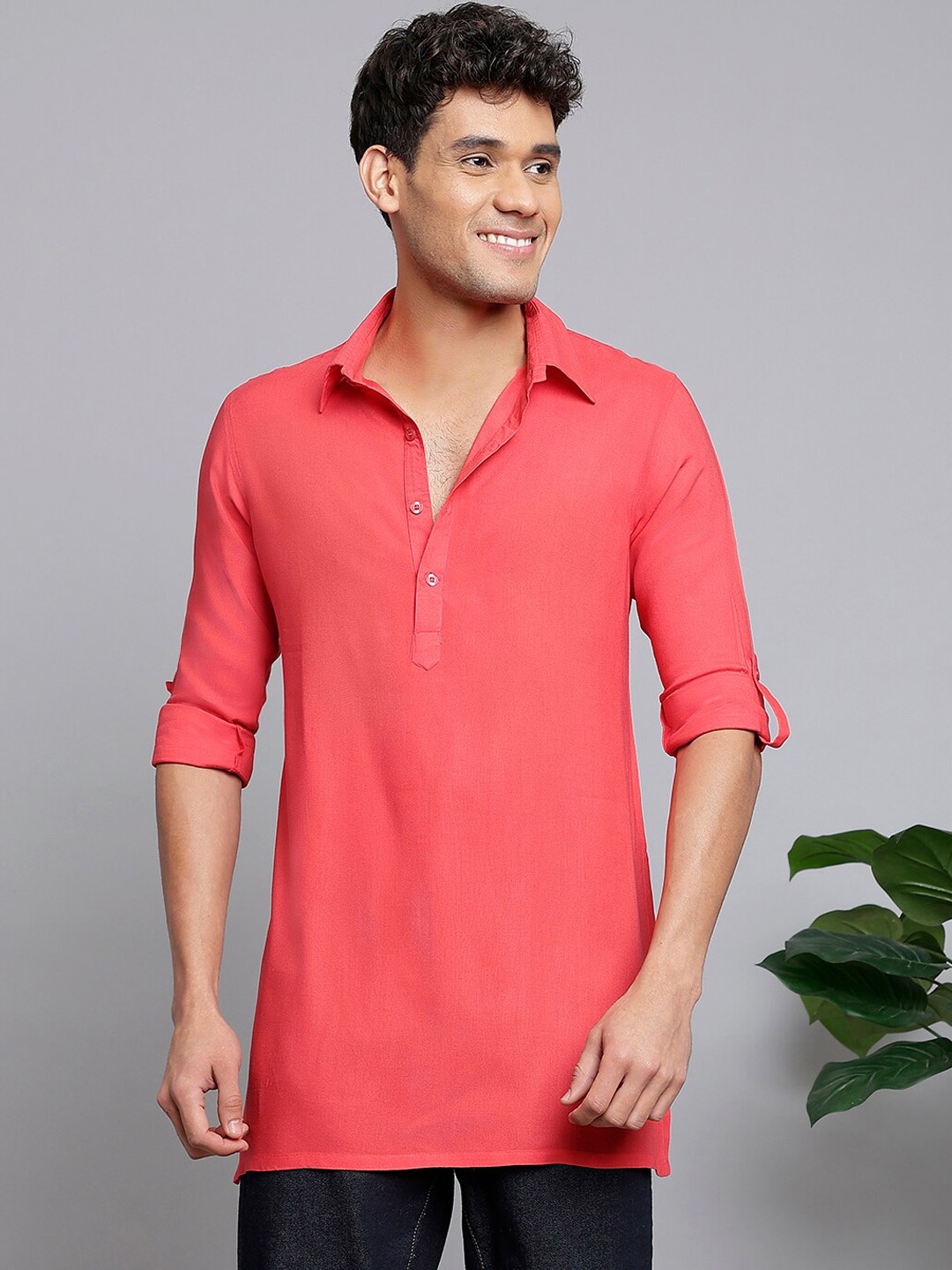 

Anouk Coral Shirt Collar Roll-Up Sleeves Straight Kurta
