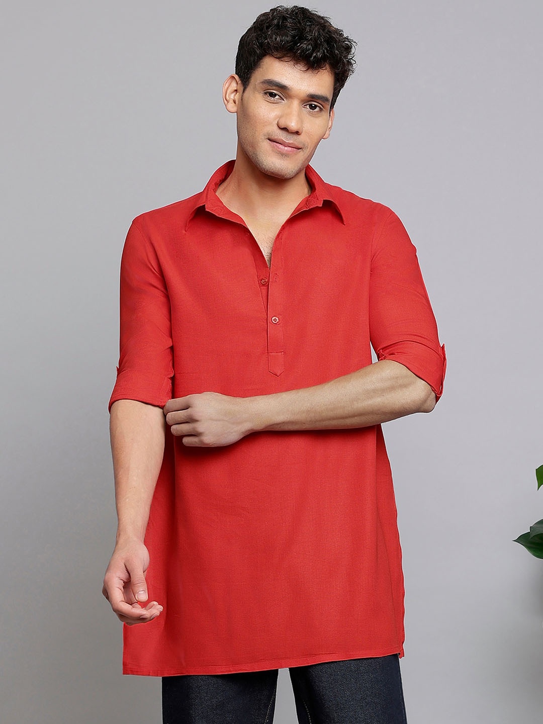 

Anouk Peach-Coloured Shirt Collar Roll-Up Sleeves Straight Kurta