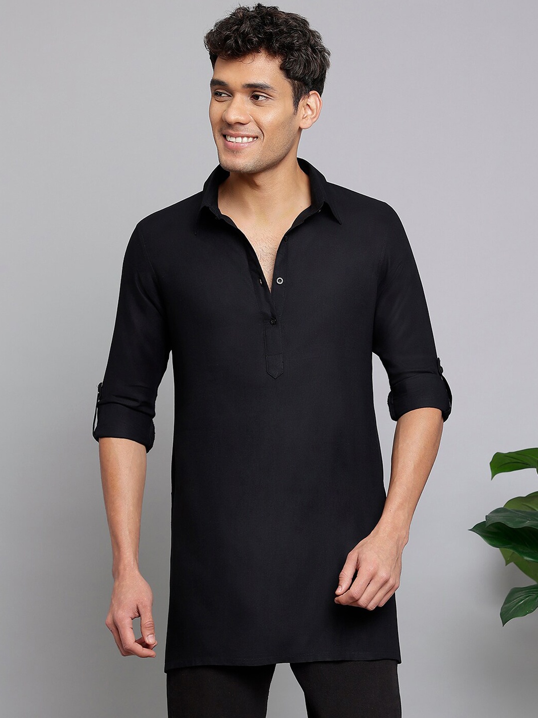 

Anouk Shirt Collar Roll-Up Sleeves Straight Kurta, Black