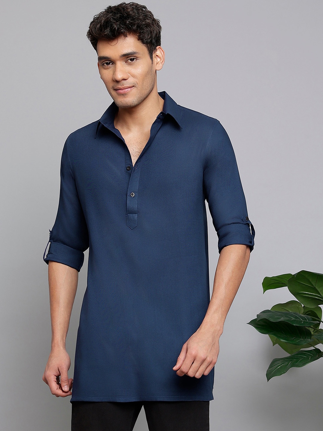 

Anouk Navy Blue Shirt Collar Roll-Up Sleeves Straight Kurta