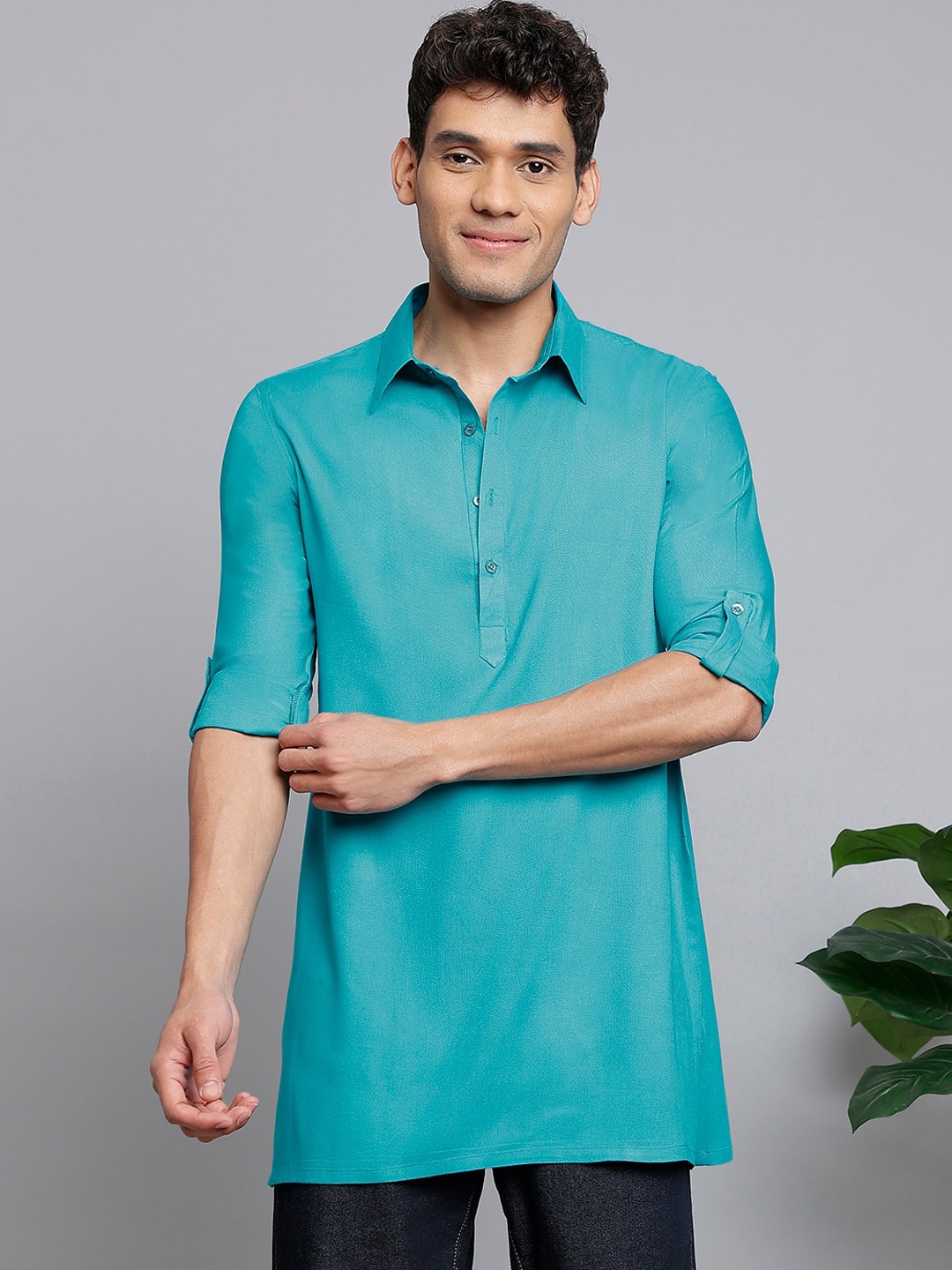 

Anouk Turquoise Blue Shirt Collar Roll-Up Sleeves Straight Kurta