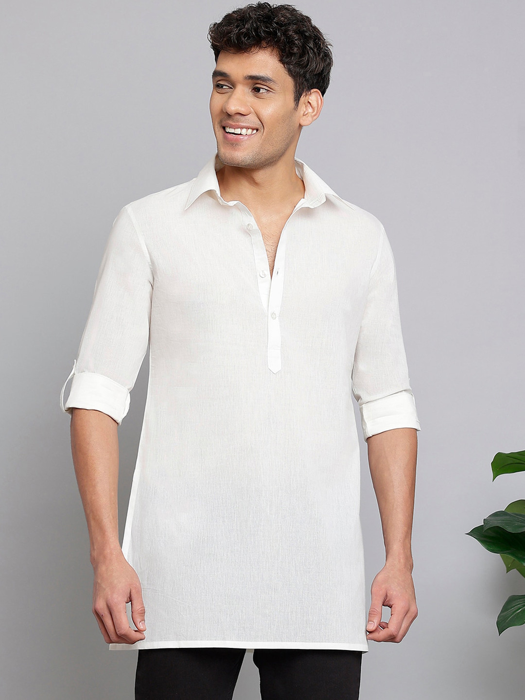 

Anouk White Shirt Collar Roll-Up Sleeves Straight Kurta