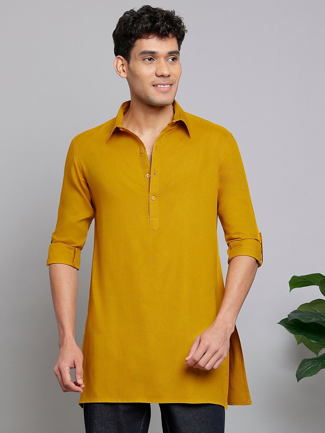

Anouk Mustard Yellow Shirt Collar Roll-Up Sleeves Straight Kurta