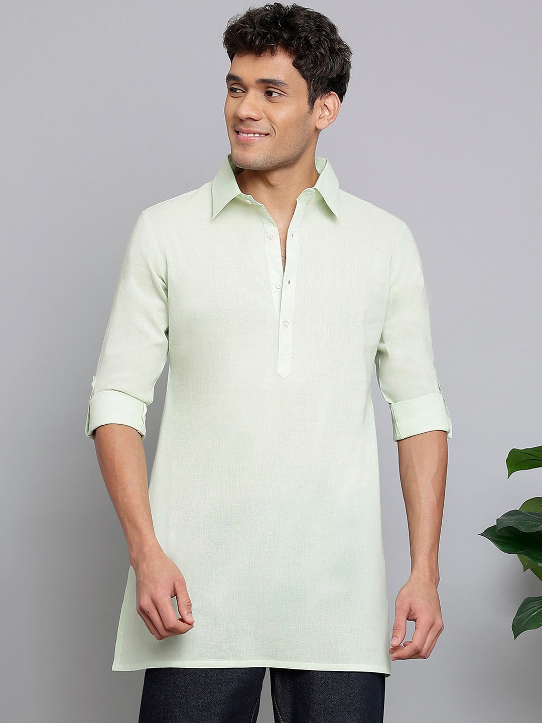 

Anouk Cream-Coloured Shirt Collar Roll-Up Sleeves Straight Kurta