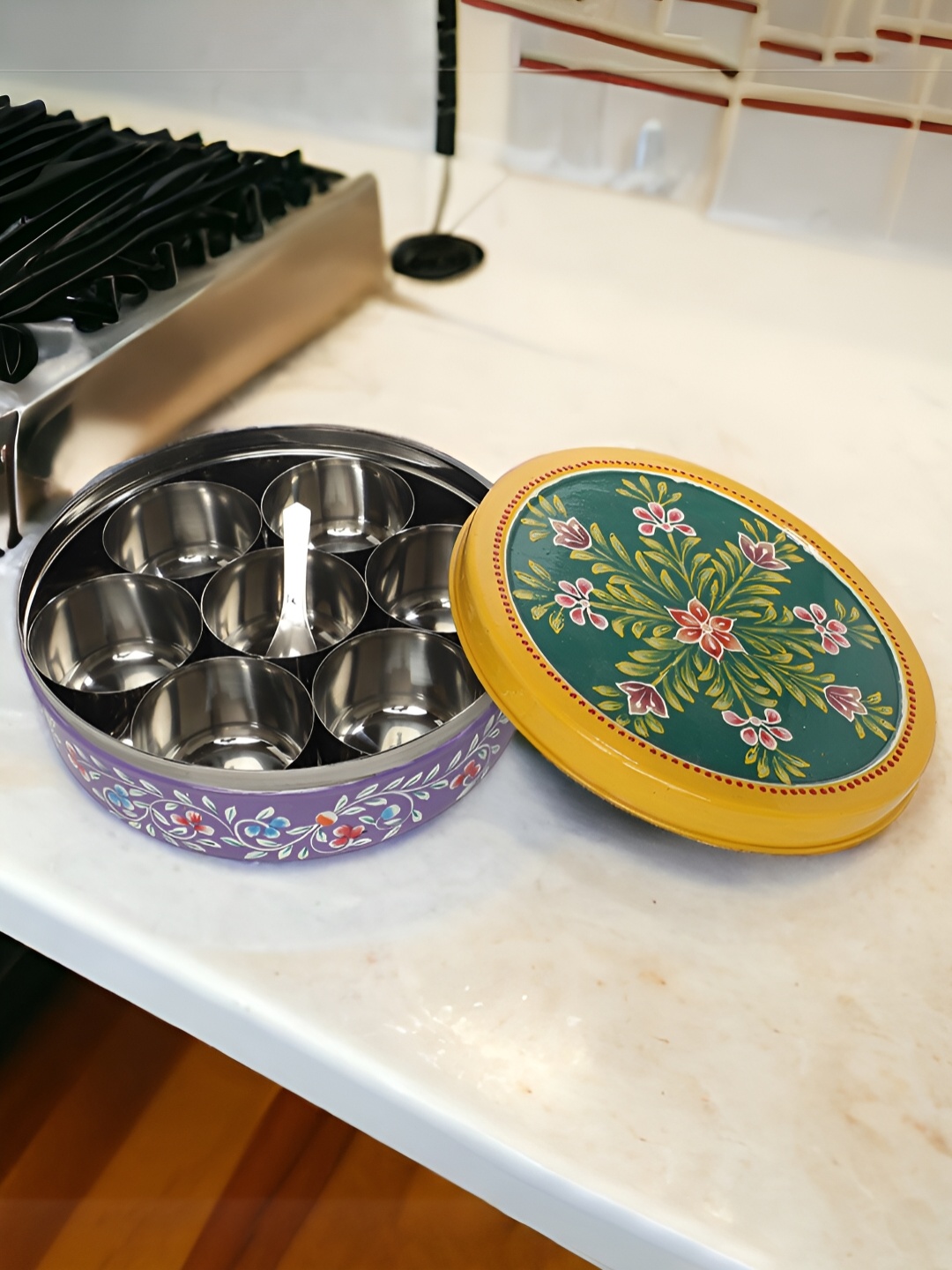 

THE COCOTIER Spice Haven Purple & Yellow Stainless Steel Floral Printed Spice Box