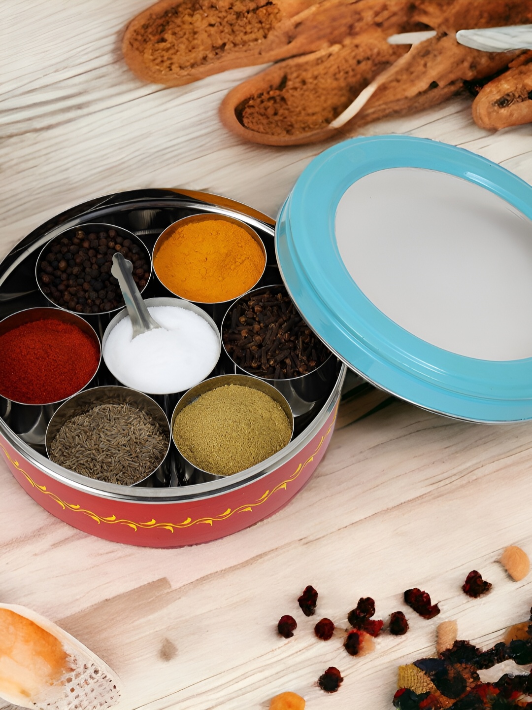 

THE COCOTIER Red & Turquoise Blue Stainless Steel Spice Box