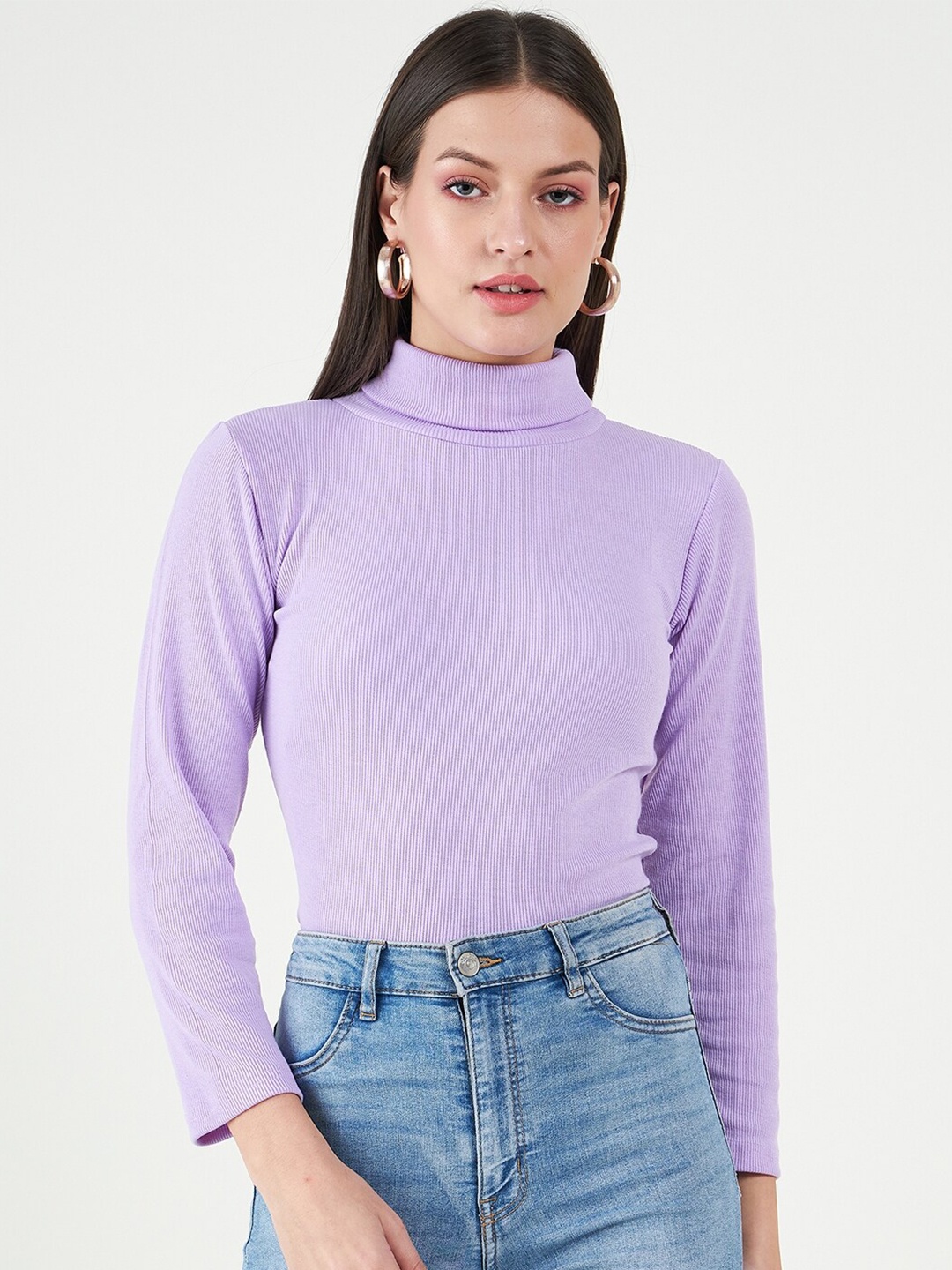 

Bitterlime Long Sleeves Turtle Neck Cotton Fitted Top, Lavender