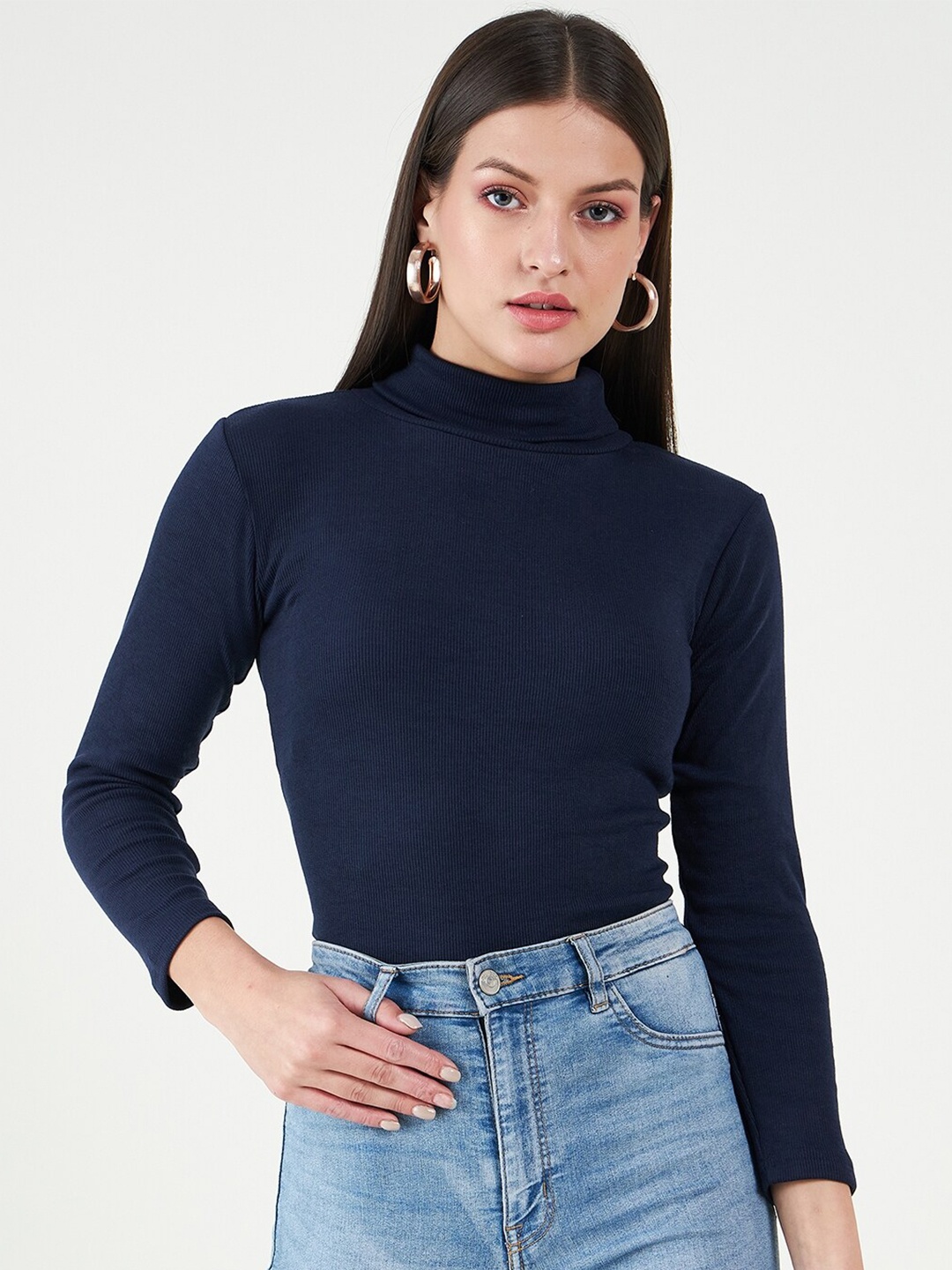 

Bitterlime Long Sleeves Turtle Neck Cotton Fitted Top, Blue