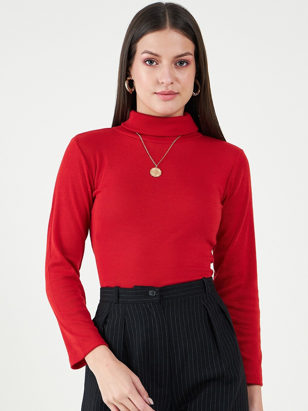 

Bitterlime Long Sleeves Turtle Neck Cotton Fitted Top, Red