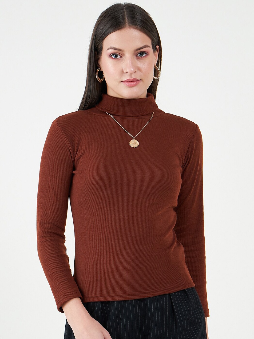 

Bitterlime Long Sleeves Turtle Neck Cotton Fitted Top, Coffee brown