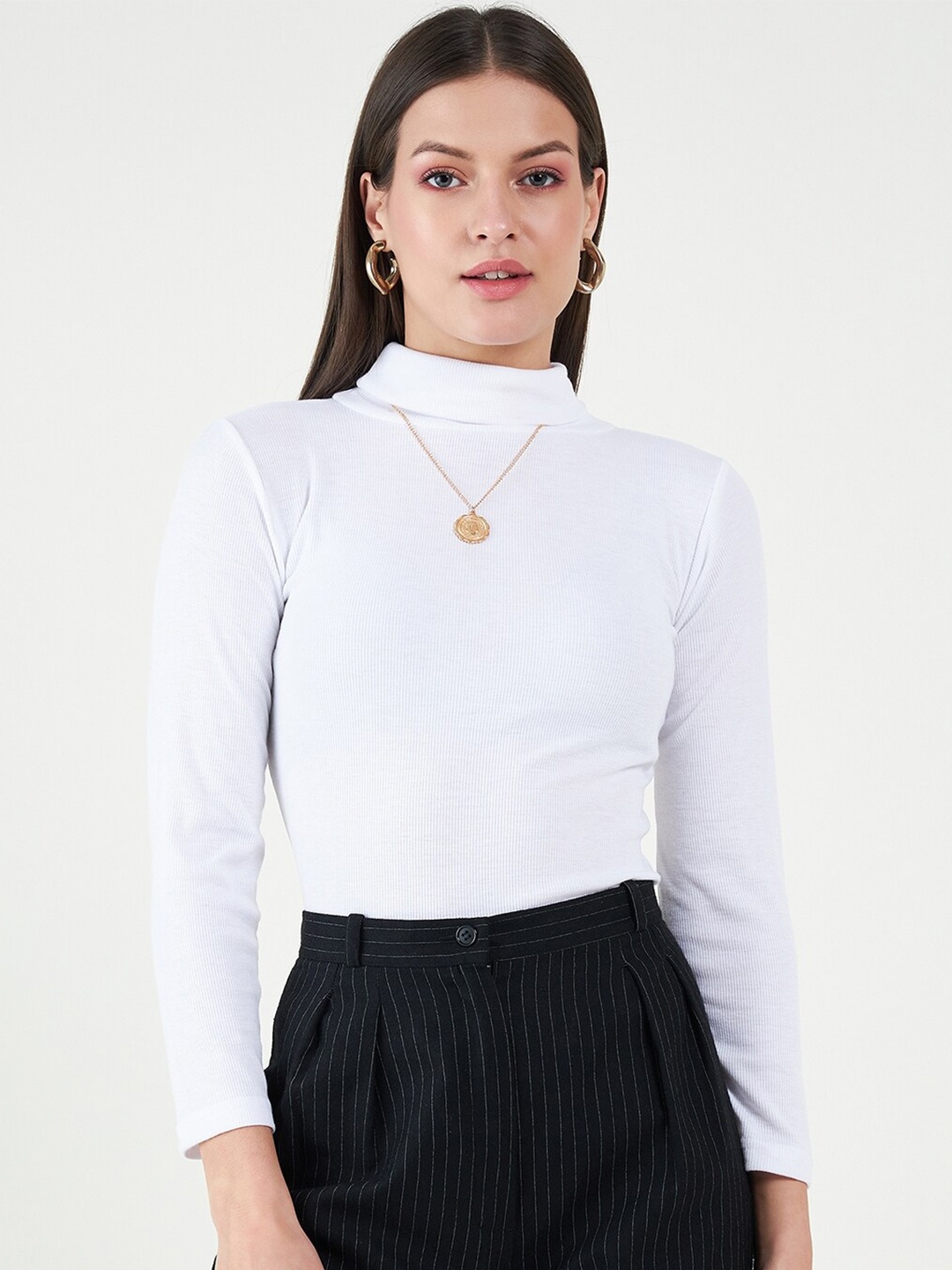 

Bitterlime Long Sleeves Turtle Neck Cotton Fitted Top, White