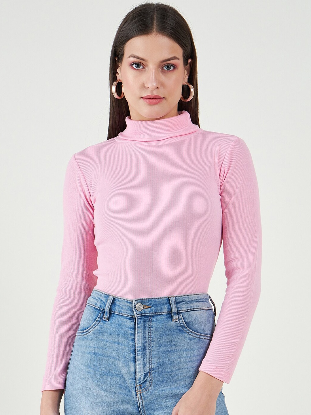 

Bitterlime Long Sleeves Turtle Neck Cotton Fitted Top, Pink