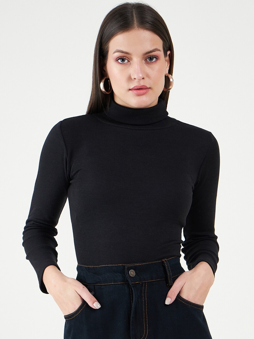 

Bitterlime Long Sleeves Turtle Neck Cotton Fitted Top, Black