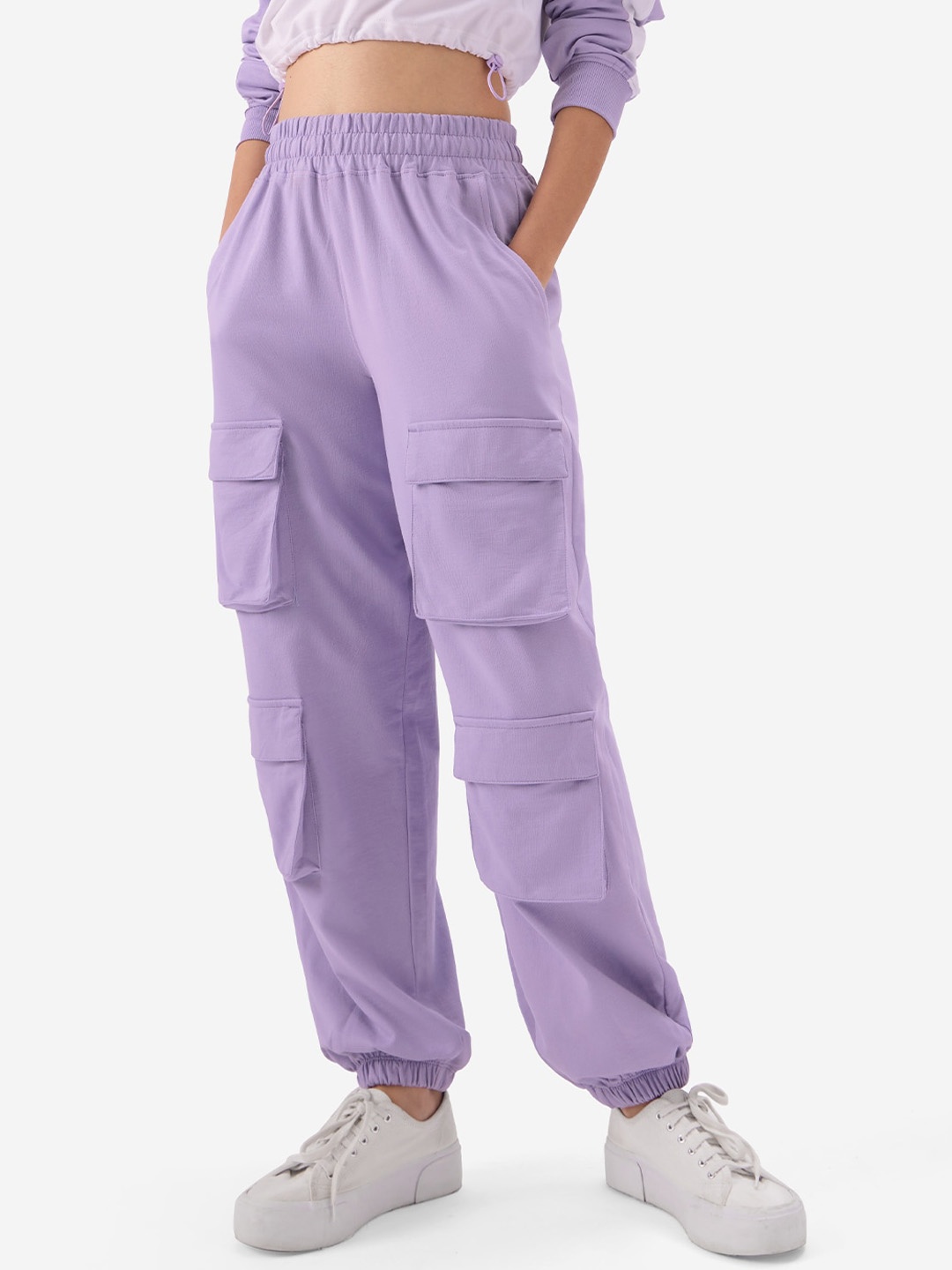 

The Souled Store Women Lavender Mid-Rise Cotton Cargo Joggers