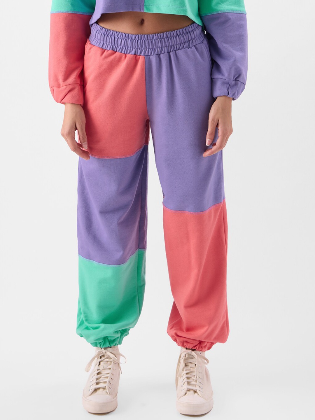 

The Souled Store Women Purple Colorblocked Mid-Rise Pure Cotton Mid-Rise Joggers