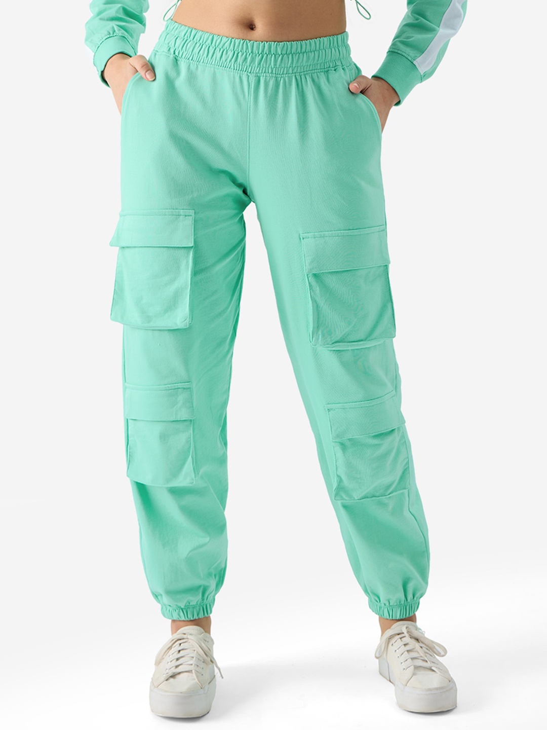 

The Souled Store Women Turquoise Blue Mid-Rise Cotton Cargo Joggers