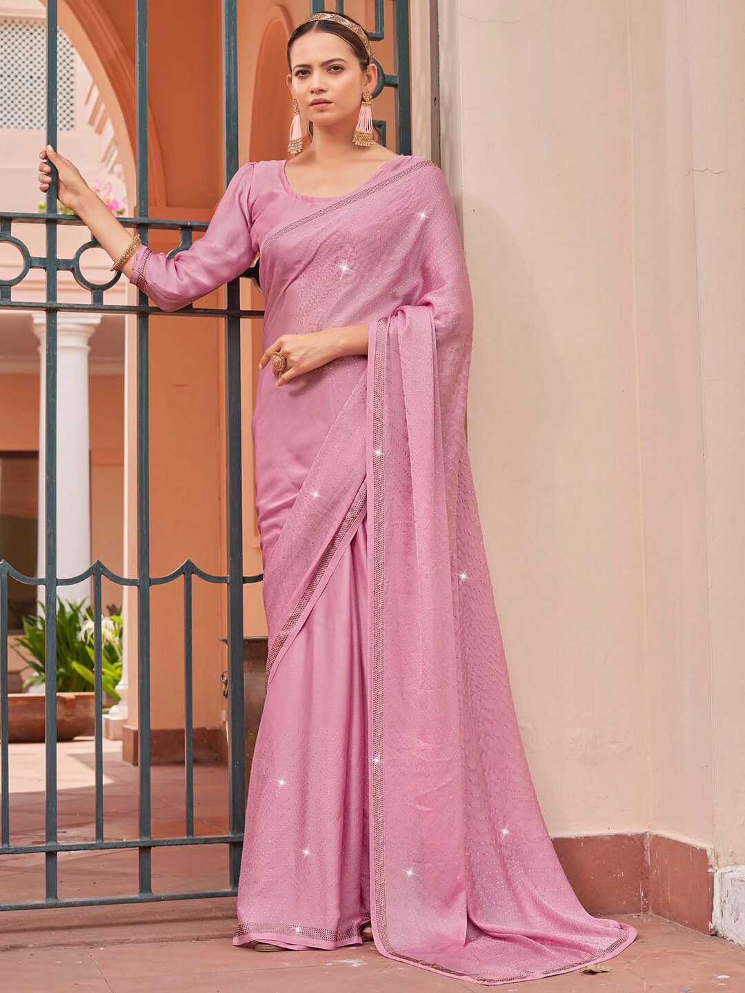 

Mitera Pink & Silver Toned Beads and Stones Embellished Satin Saree