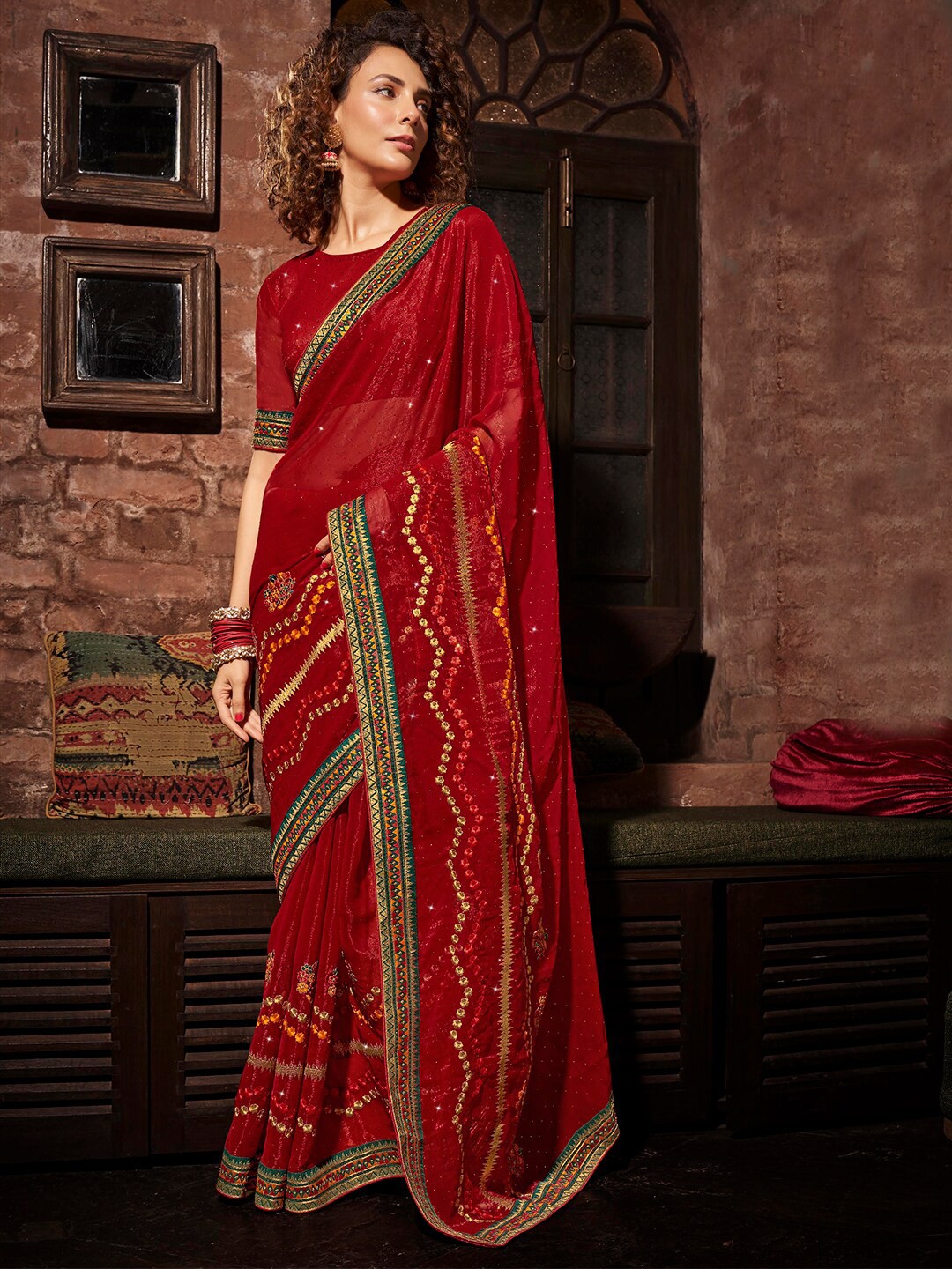 

Mitera Red Embellished Zari Pure Chiffon Saree
