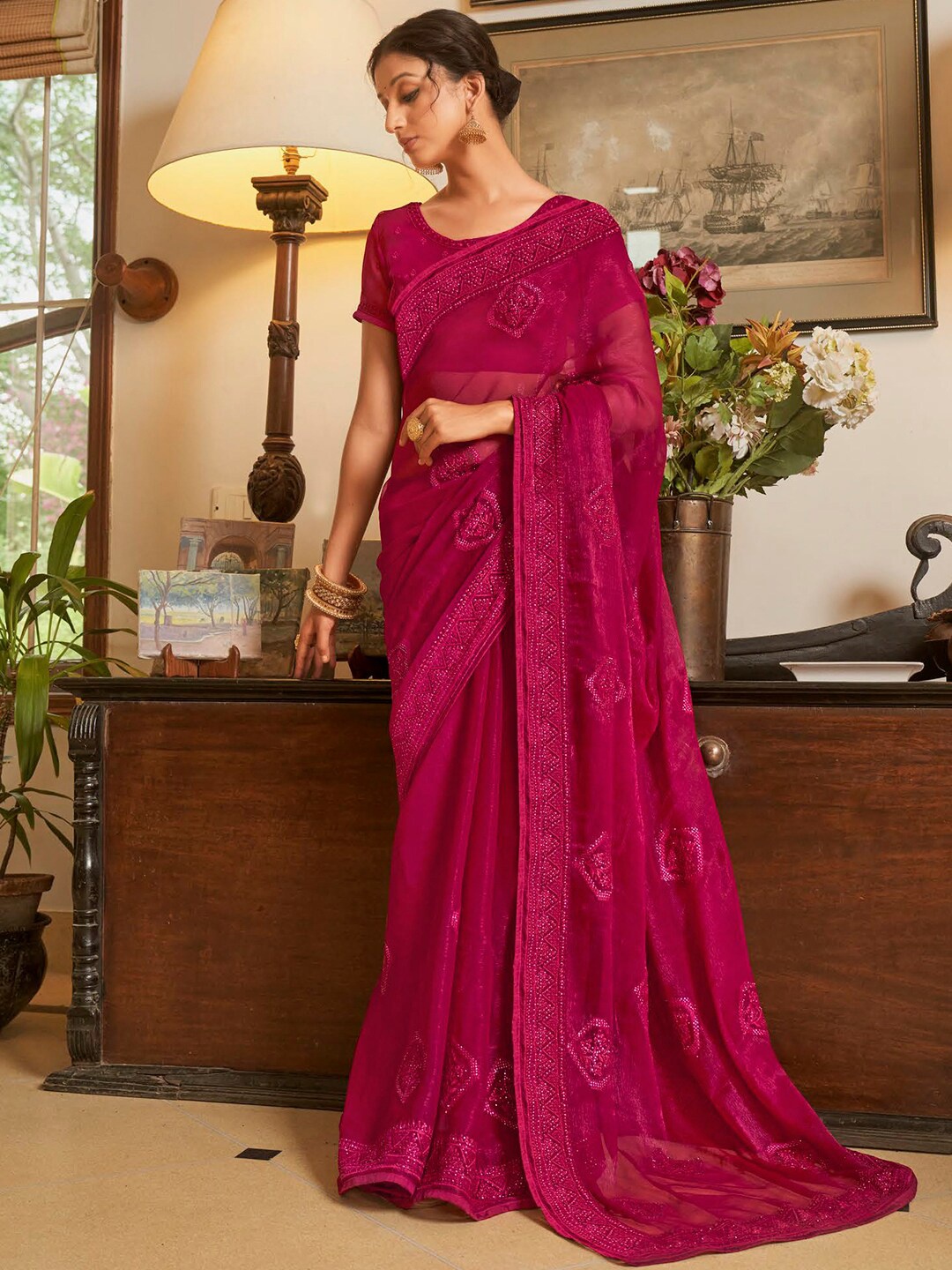 

Mitera Burgundy Embroidered Pure Chiffon Saree