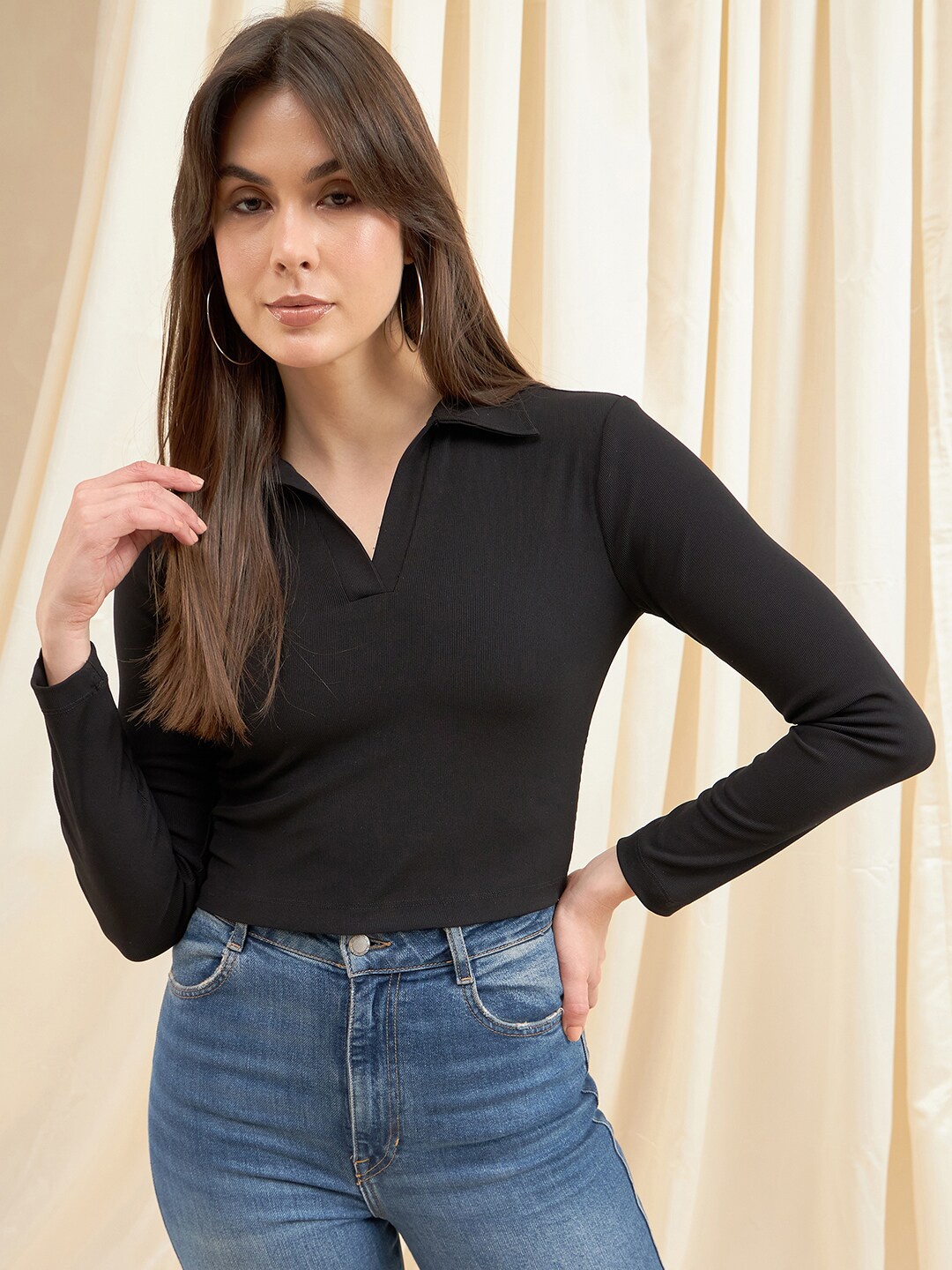 

Kibo Shirt Collar Long Sleeves Top, Black