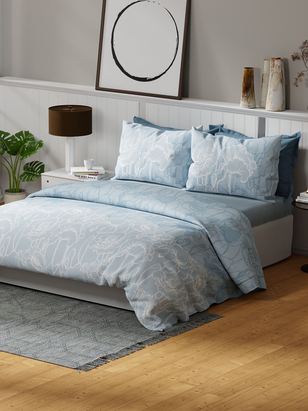 

United Colors of Benetton Rainbow Blue Floral Cotton 144TC King Bedsheet & 2 Pillow Covers