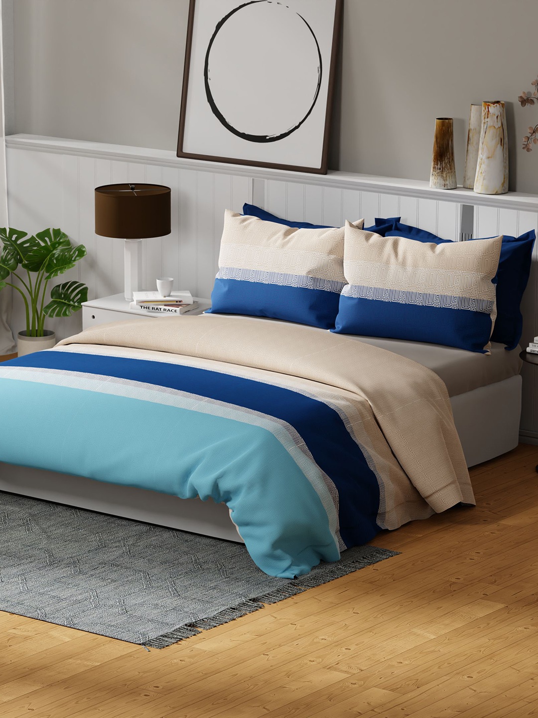 

United Colors of Benetton Rainbow Blue Pure Cotton 144 TC King Bedsheet & 2 Pillow Covers