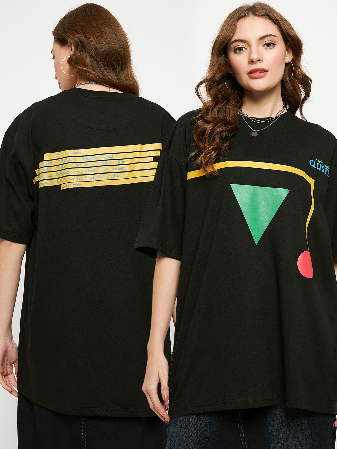 

Skidlers Geometric Printed Oversized Drop-Shoulder Sleeves Cotton T-shirt, Black