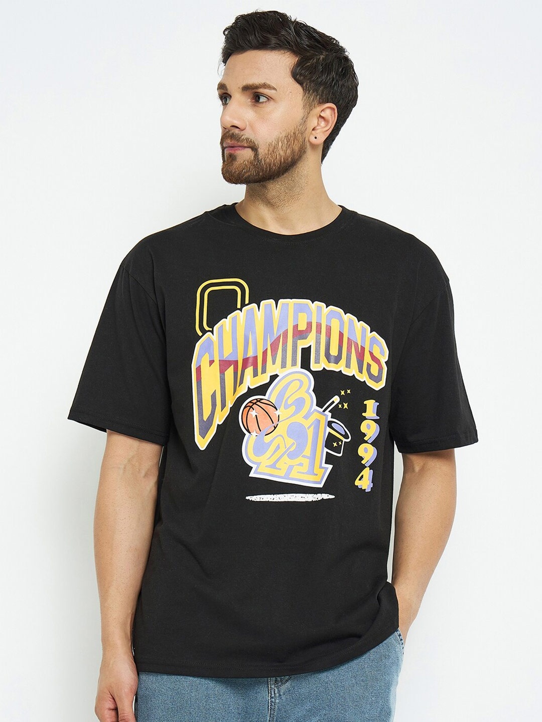 

Skidlers Typography Printed Drop-Shoulder Pure Cotton Oversized Summer T-shirt, Black