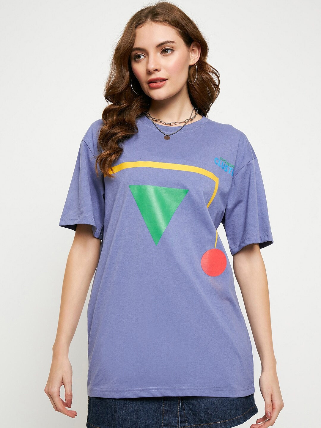 

Skidlers Geometric Printed Oversized Drop-Shoulder Sleeves Cotton T-shirt, Lavender