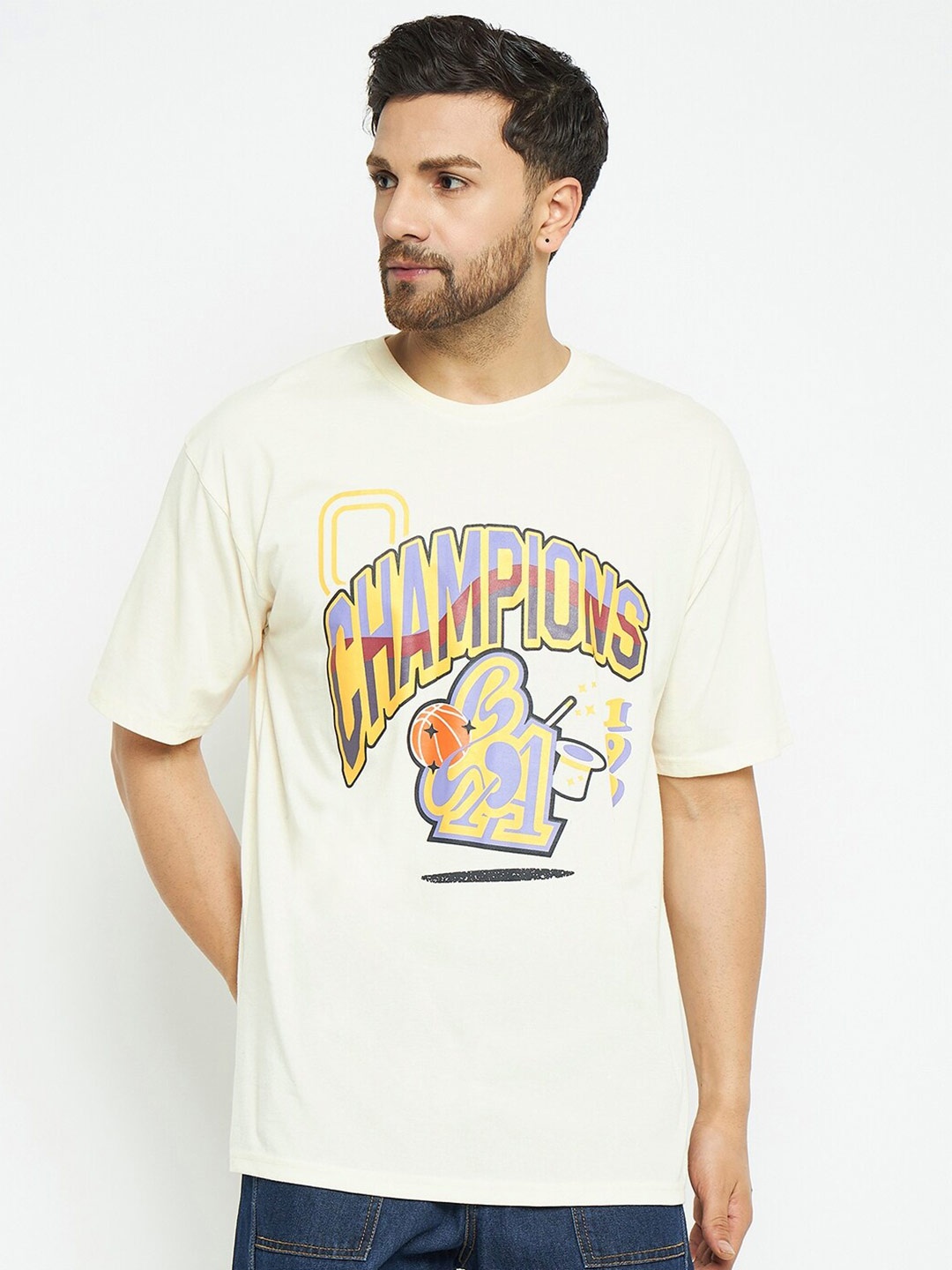 

Skidlers Typography Printed Drop-Shoulder Pure Cotton Oversized Summer T-shirt, Cream