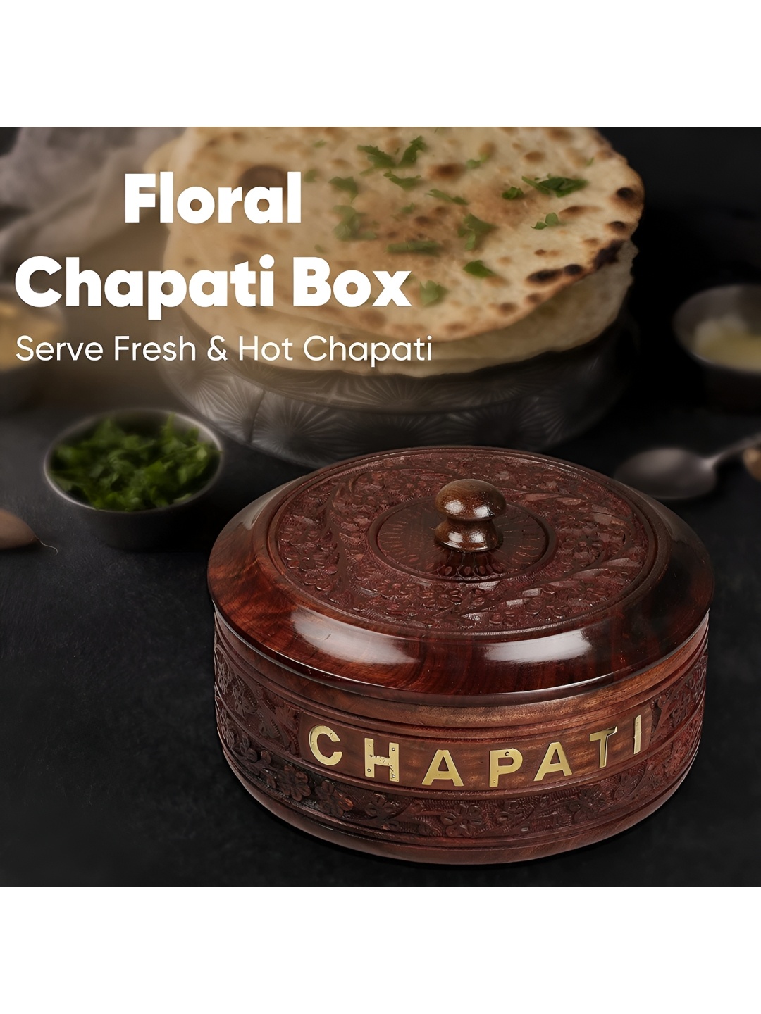 

natureCRAFTS Brown Textured Wooden Roti Box With Lid