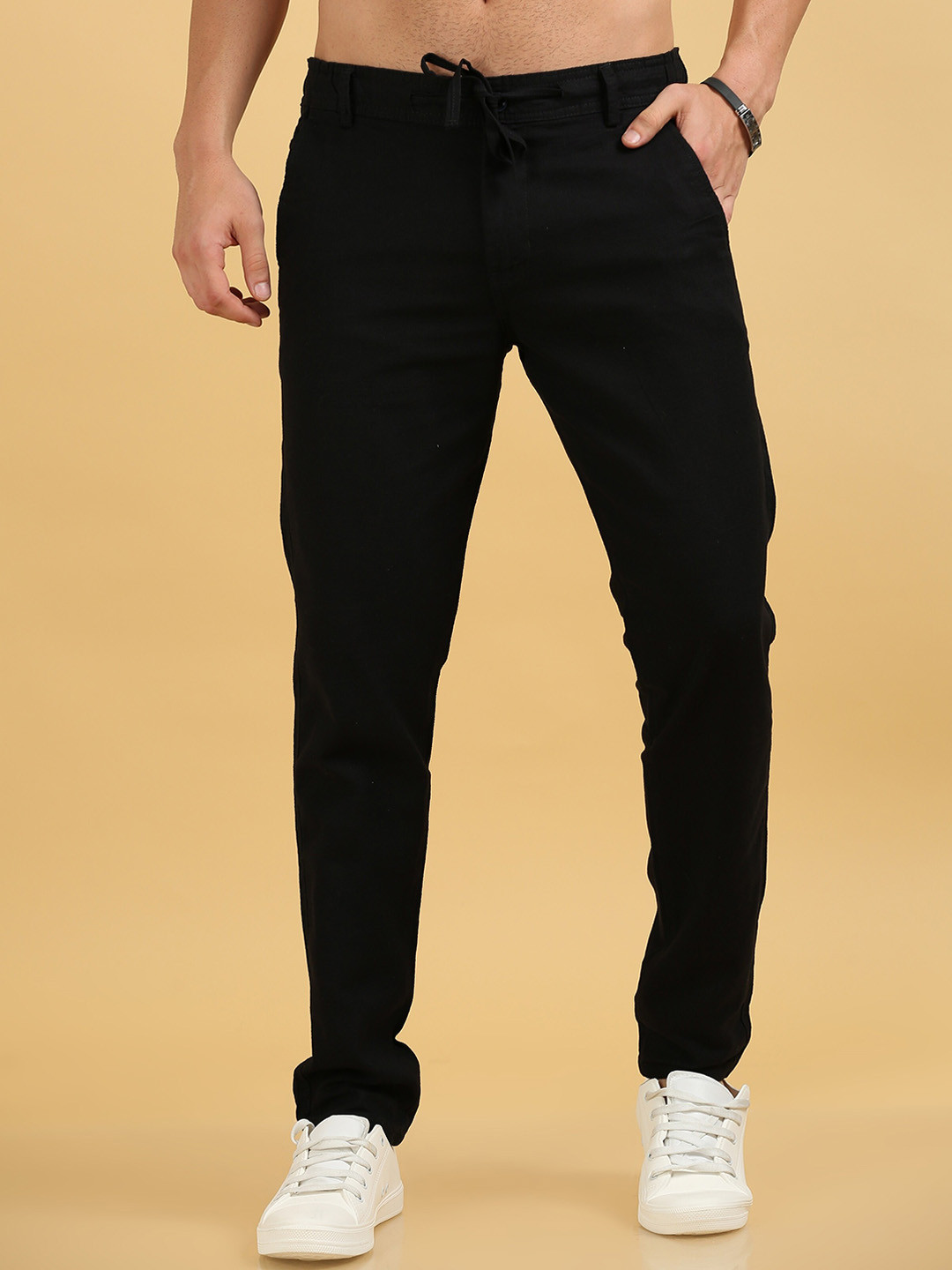 

CAZZBA Men Mid-Rise Linen Trouser, Black