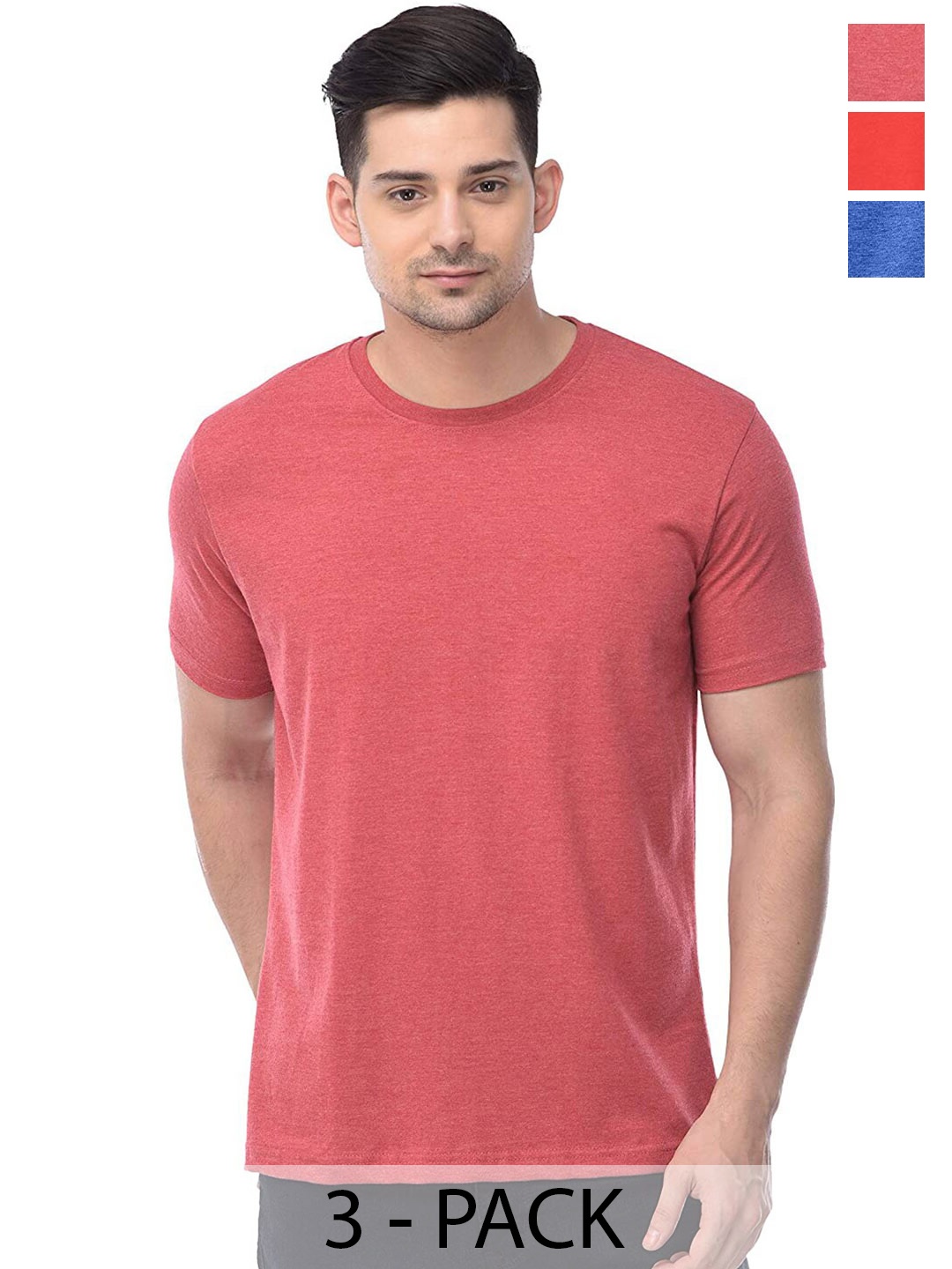 

COLOR CAPITAL Pack Of 3 Round Neck Cotton T-shirts, Coral