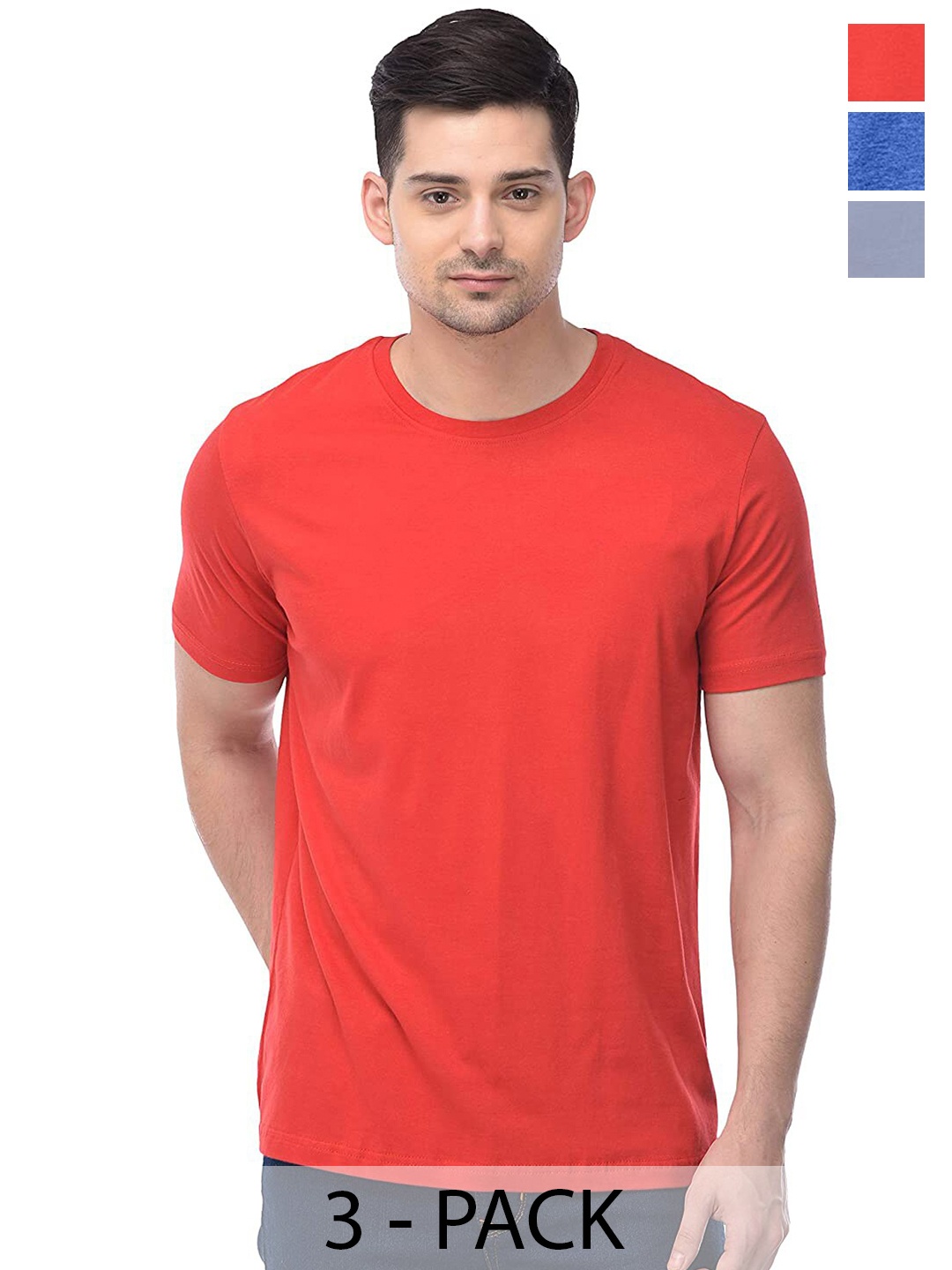 COLOR CAPITAL Pack Of 3 Round Neck Cotton T-shirts, Orange