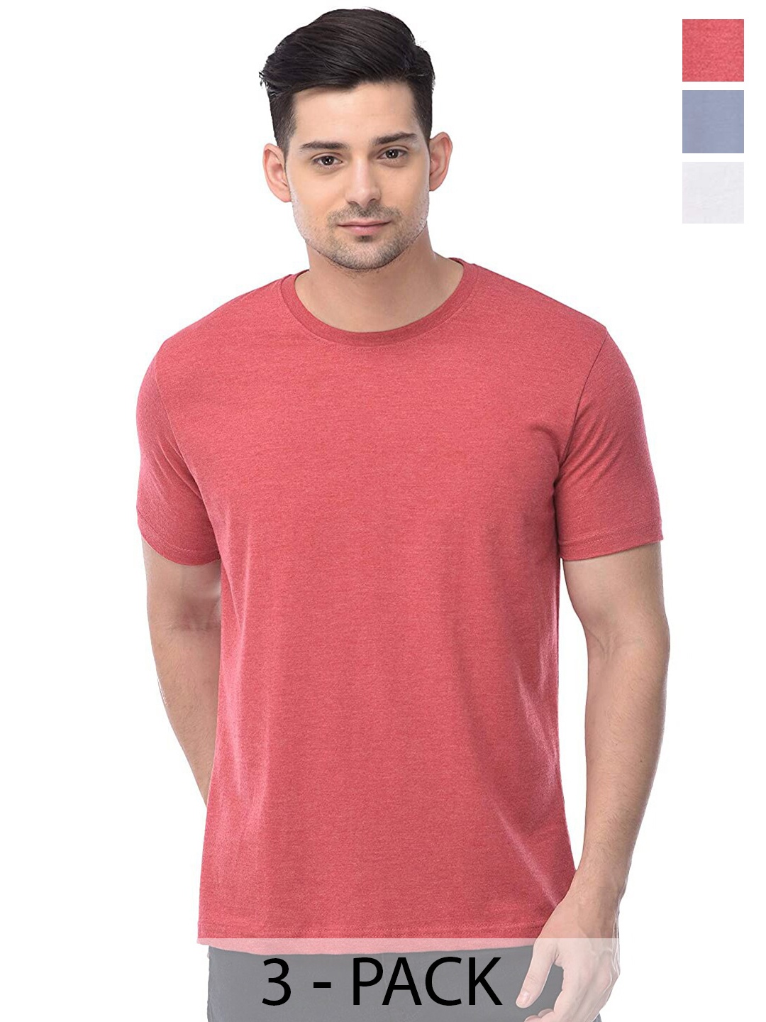 

COLOR CAPITAL Unisex Pack Of 3 Round Neck Cotton Casual T-shirt, Coral