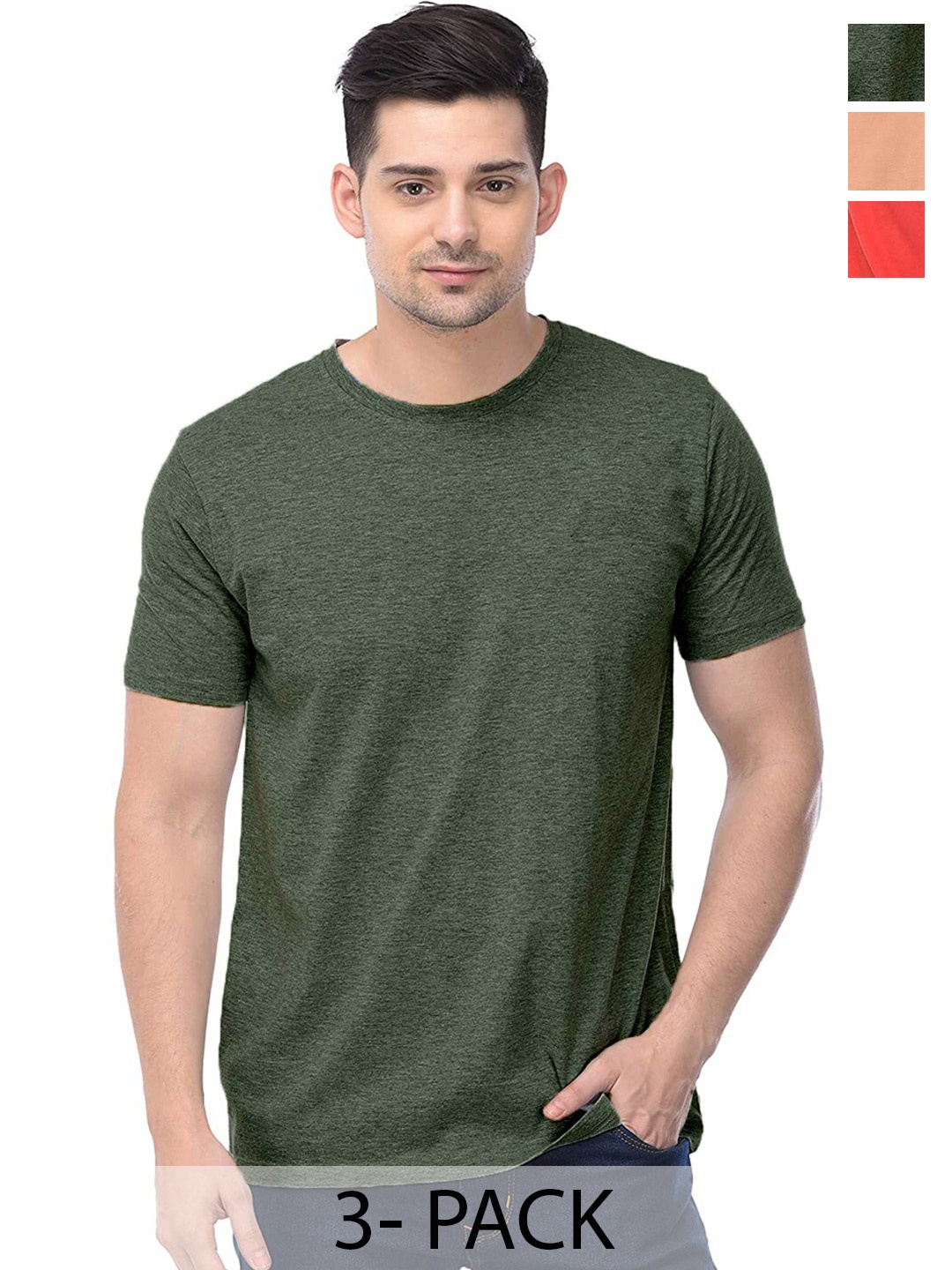 

COLOR CAPITAL Pack Of 3 Round Neck Short Sleeves Cotton T-shirts, Green